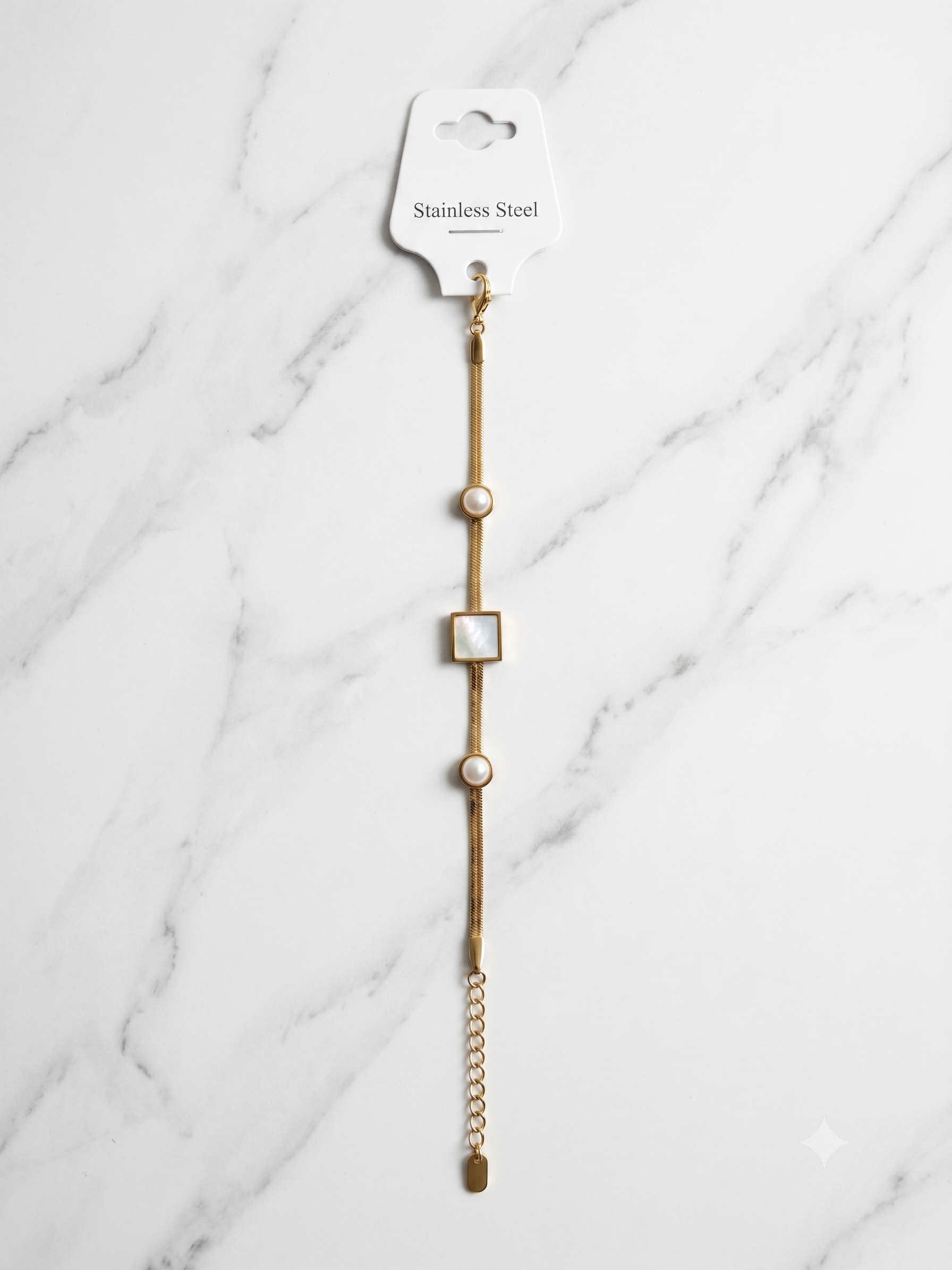 Gold-Toned Stainless Steel Pearl and Square Charm Bracelet