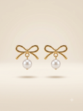Elegant Gold-Toned Bow Pearl Drop Earrings