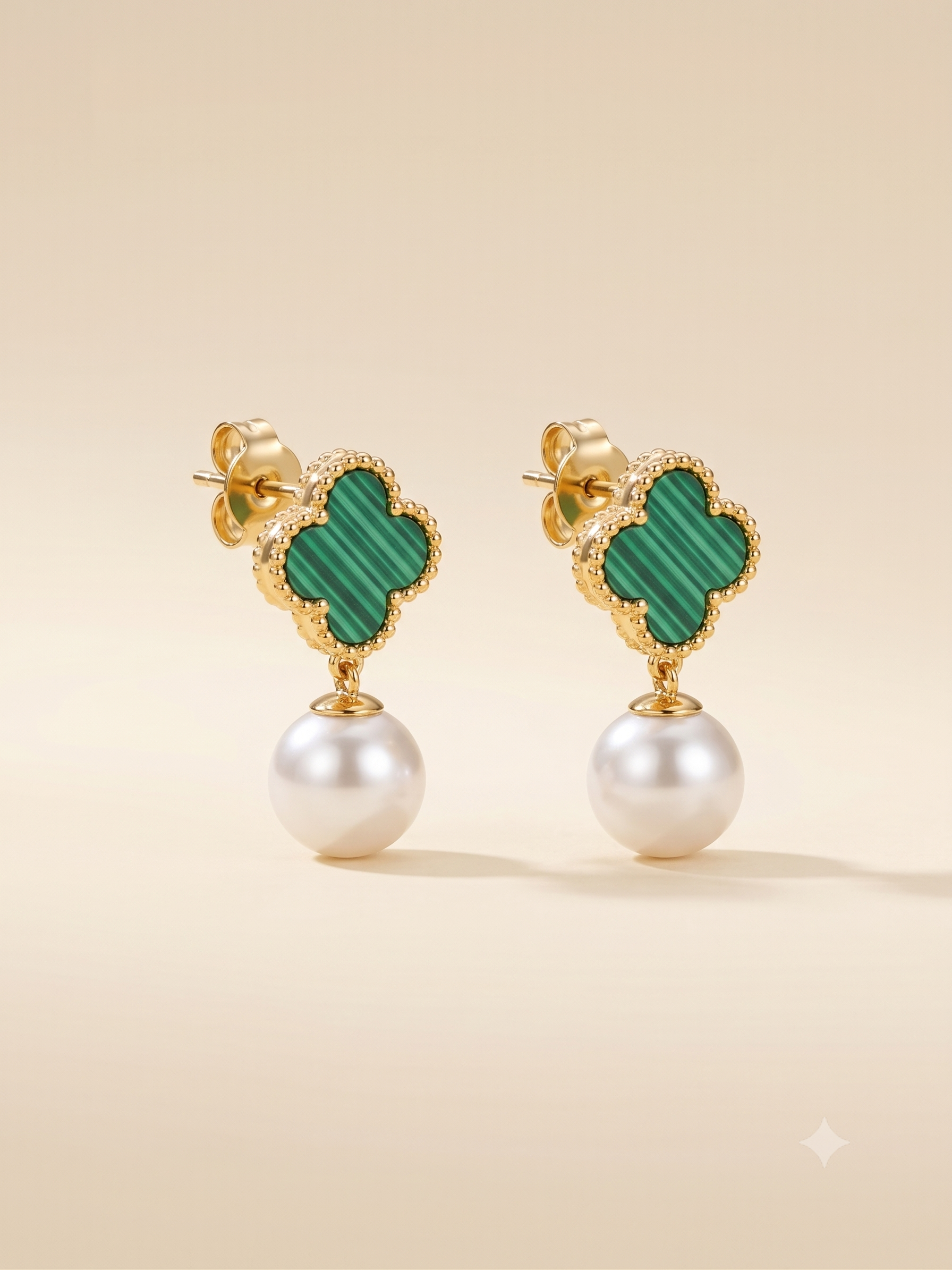 Elegant Gold-Toned Green Clover Pearl Drop Earrings