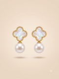 Elegant Gold-Toned White Clover Pearl Drop Earrings
