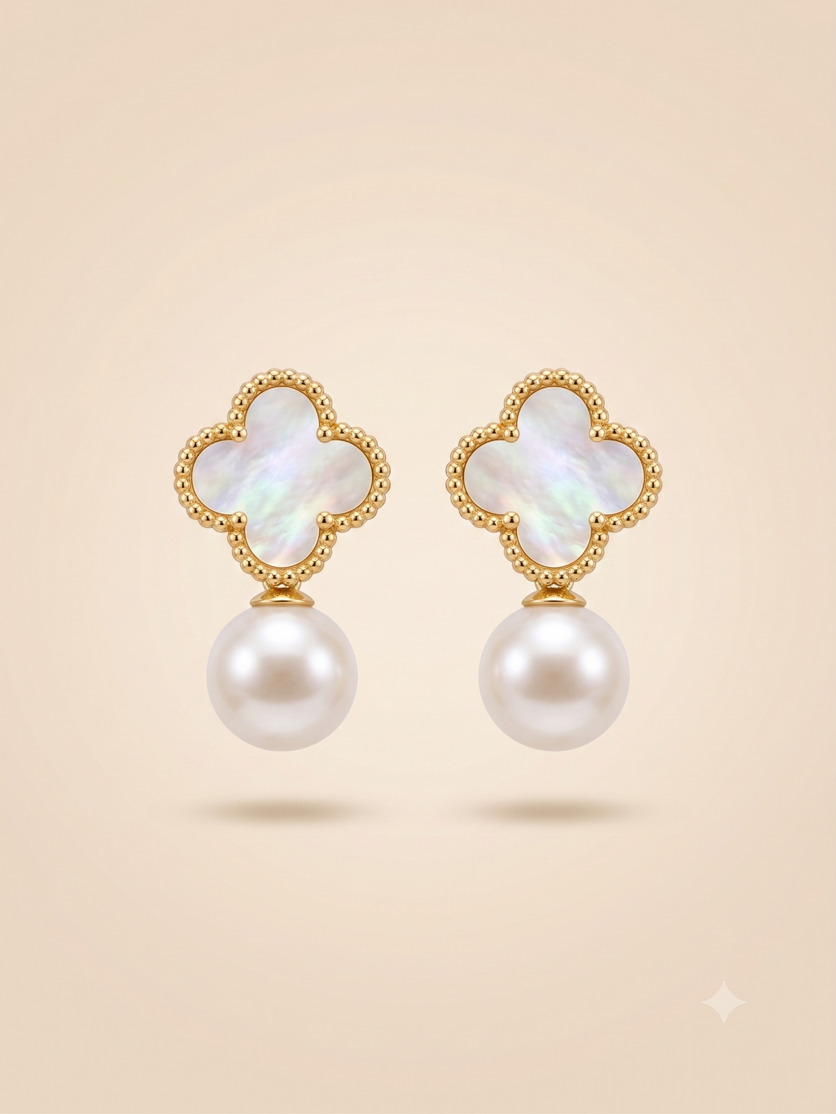Elegant Gold-Toned White Clover Pearl Drop Earrings