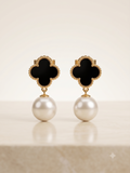 Elegant Gold-Toned Black Clover Pearl Drop Earrings