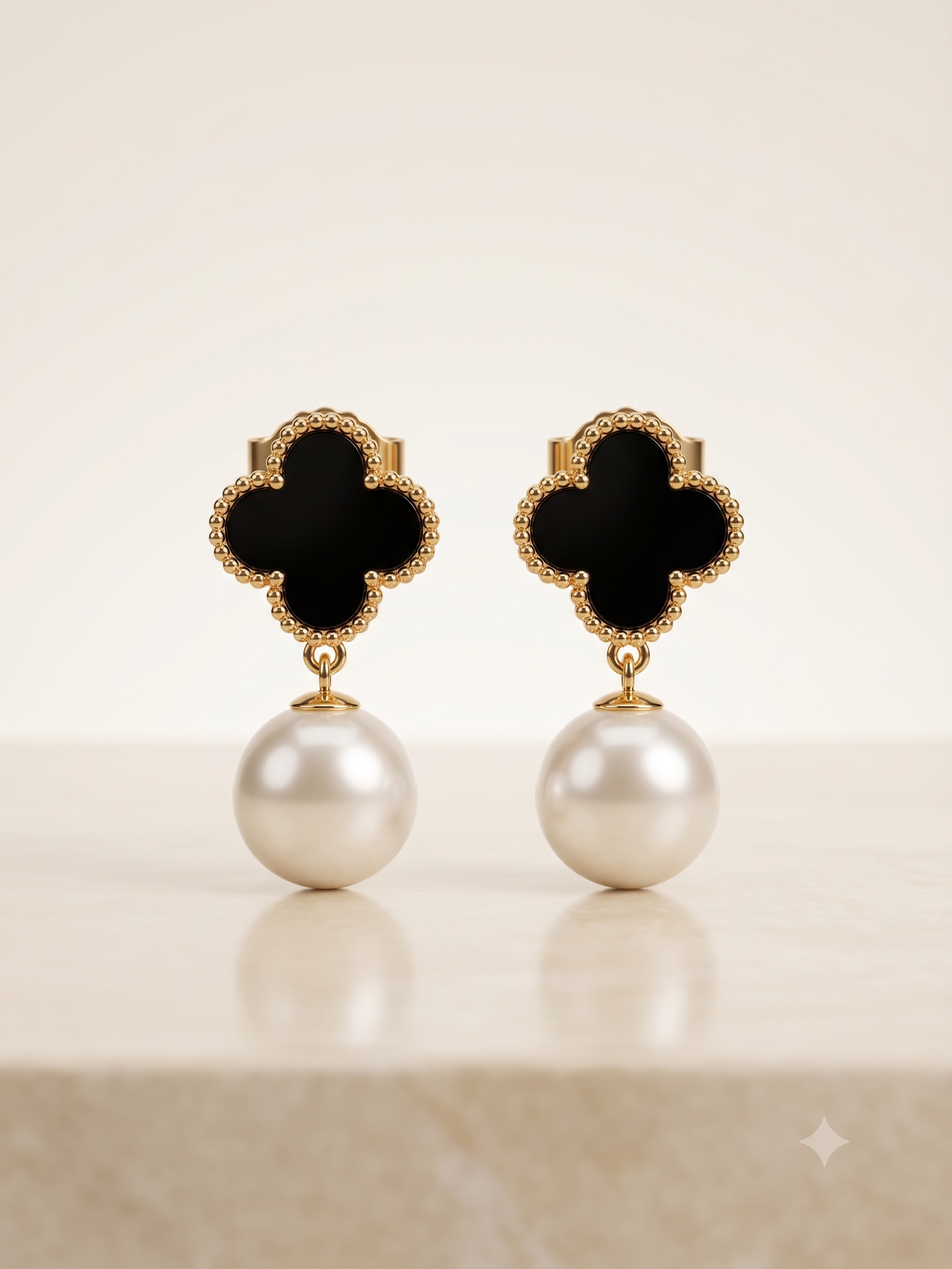 Elegant Gold-Toned Black Clover Pearl Drop Earrings
