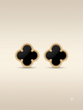 Elegant Gold-Toned Black Clover Stud Earrings