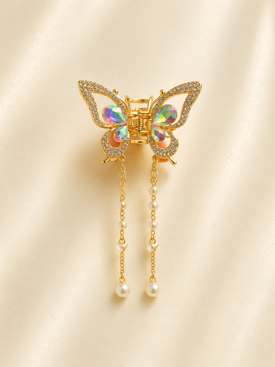 Elegant Gold-Toned Iridescent Crystal Butterfly Hair Claw Clip