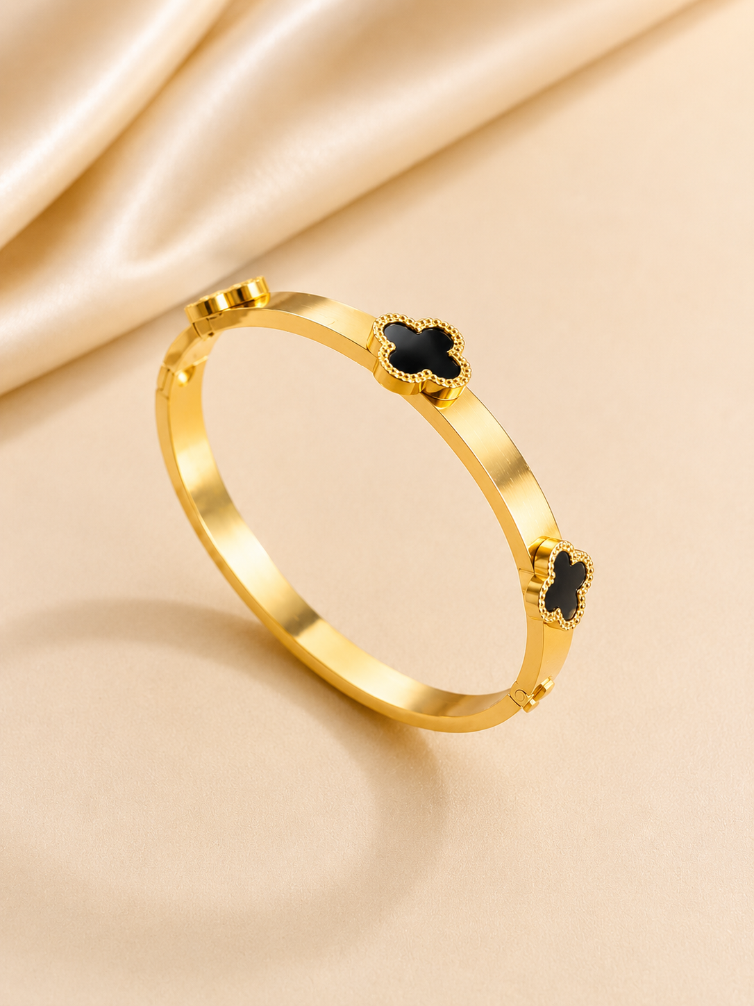Elegant Gold-Toned Black Clover Bangle Bracelet
