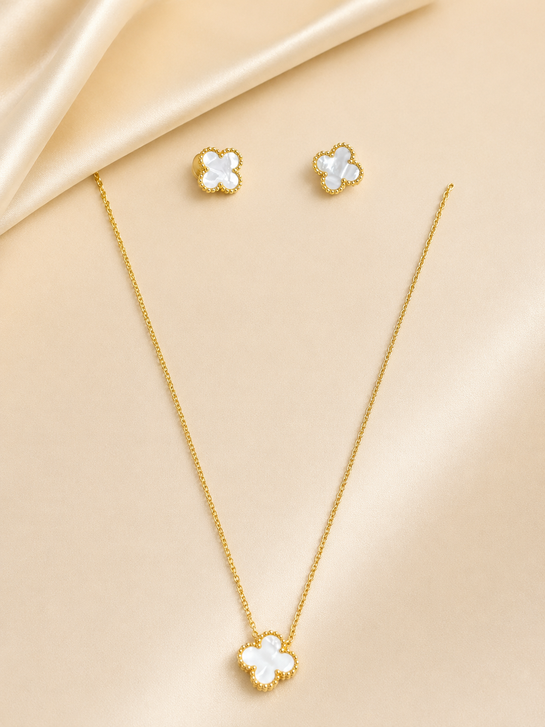 Elegant Gold-Toned Clover Mother-of-Pearl Jewelry Set