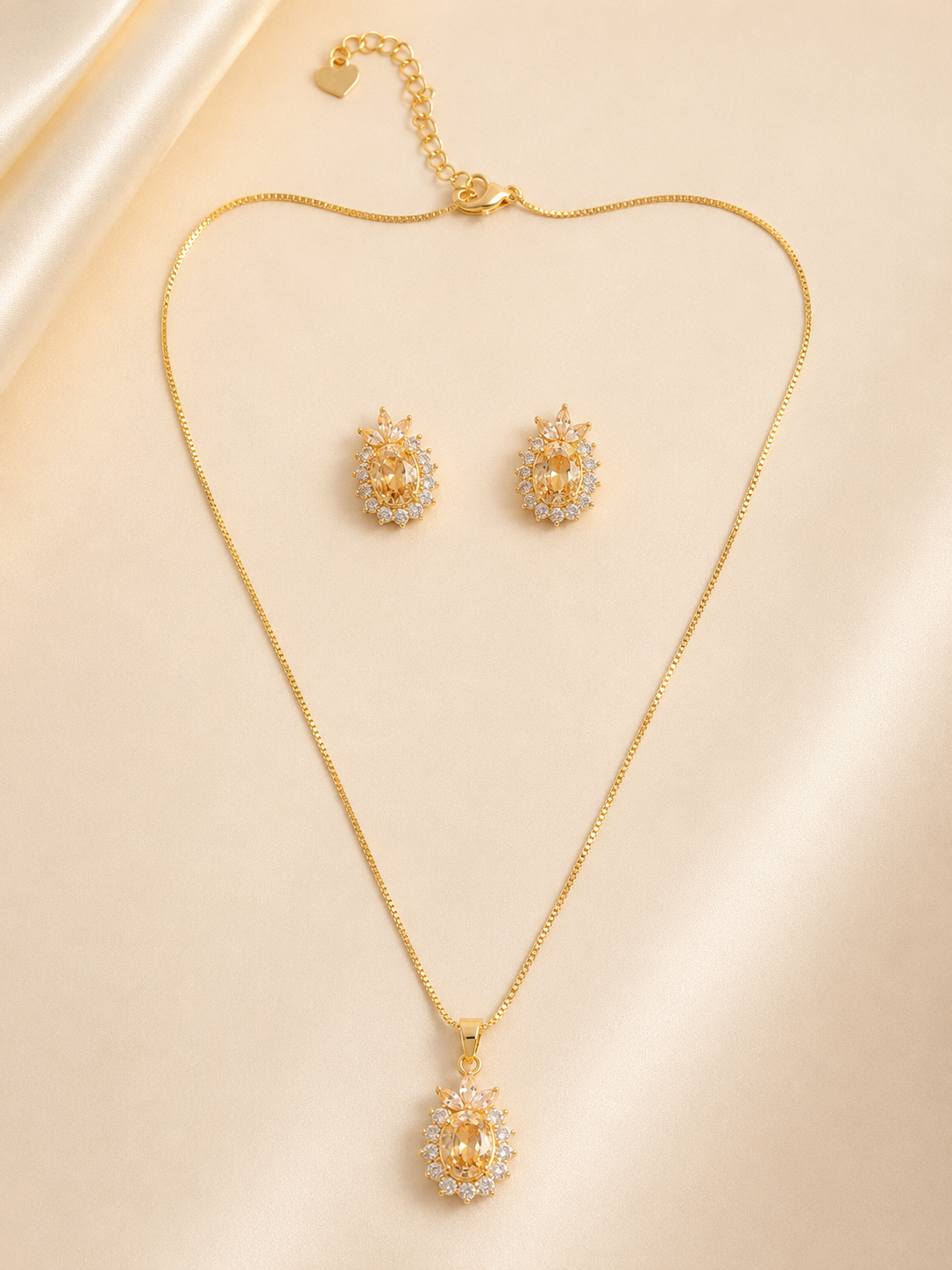 Elegant Gold-Toned Oval Crystal Halo Jewelry Set