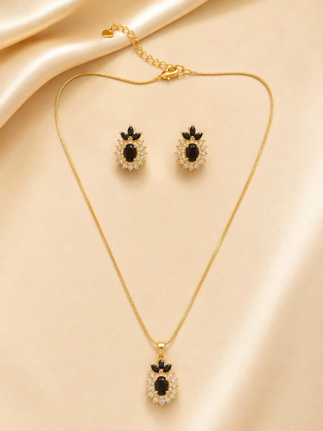 Elegant Gold-Toned Black Oval Crystal Halo Jewelry Set