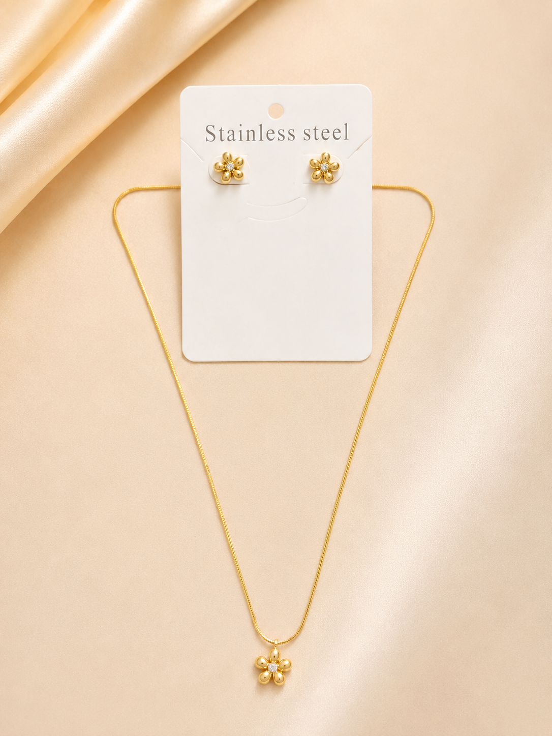 Stainless Steel Gold-Toned Floral Jewelry Set