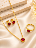 Elegant Gold-Toned Red Crystal Three-Piece Jewelry Set