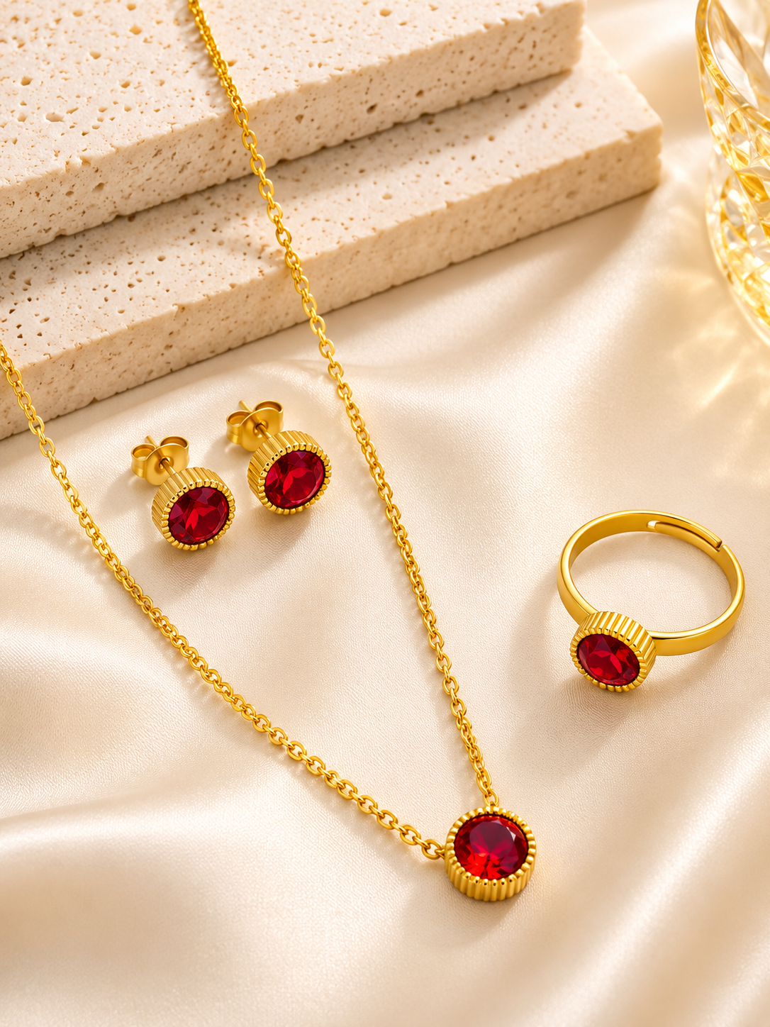 Elegant Gold-Toned Red Crystal Three-Piece Jewelry Set