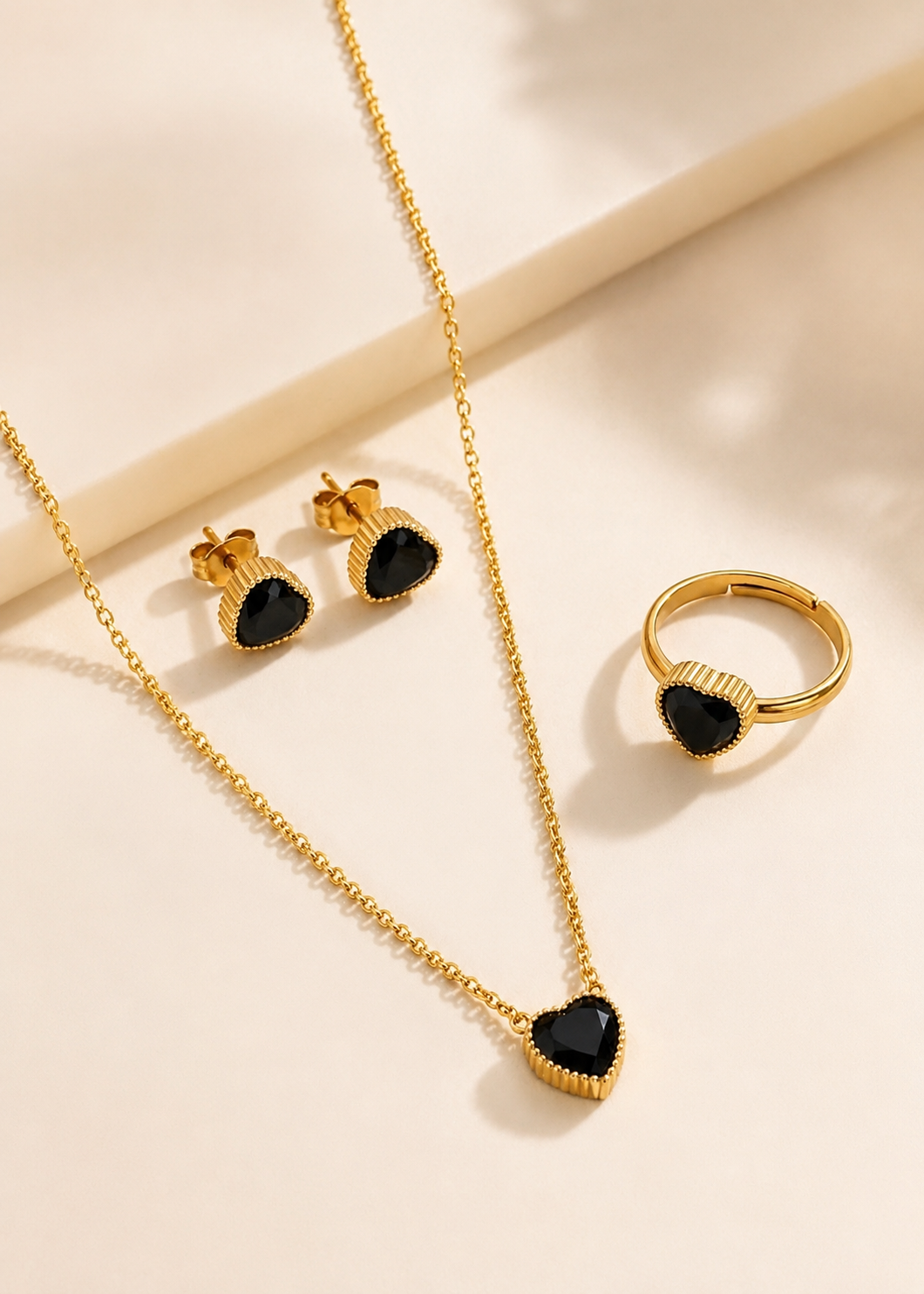 Elegant Gold-Toned Black Heart Three-Piece Jewelry Set