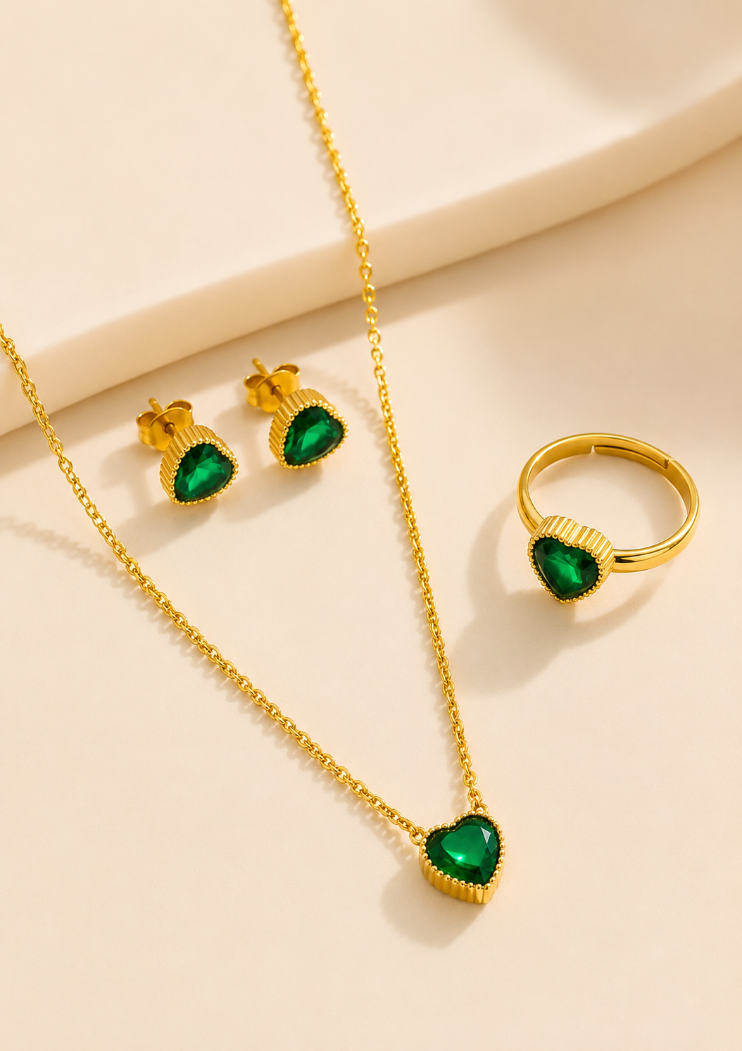 Elegant Gold-Toned Green Heart Three-Piece Jewelry Set