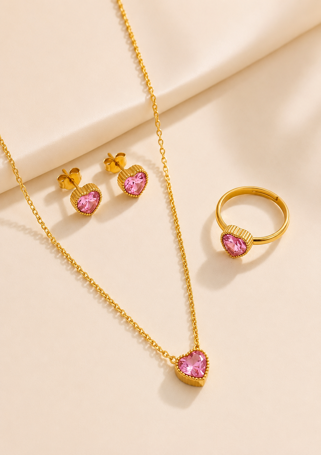 Elegant Gold-Toned Pink Heart Three-Piece Jewelry Set
