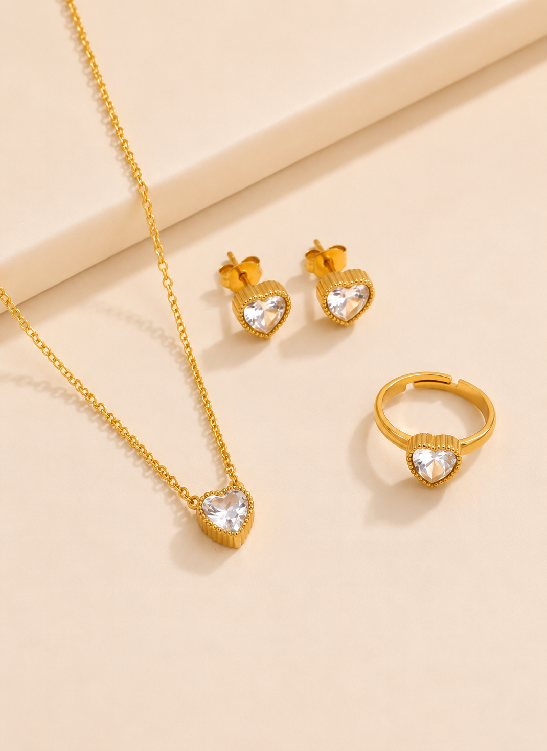 Elegant Gold-Toned White Heart Three-Piece Jewelry Set