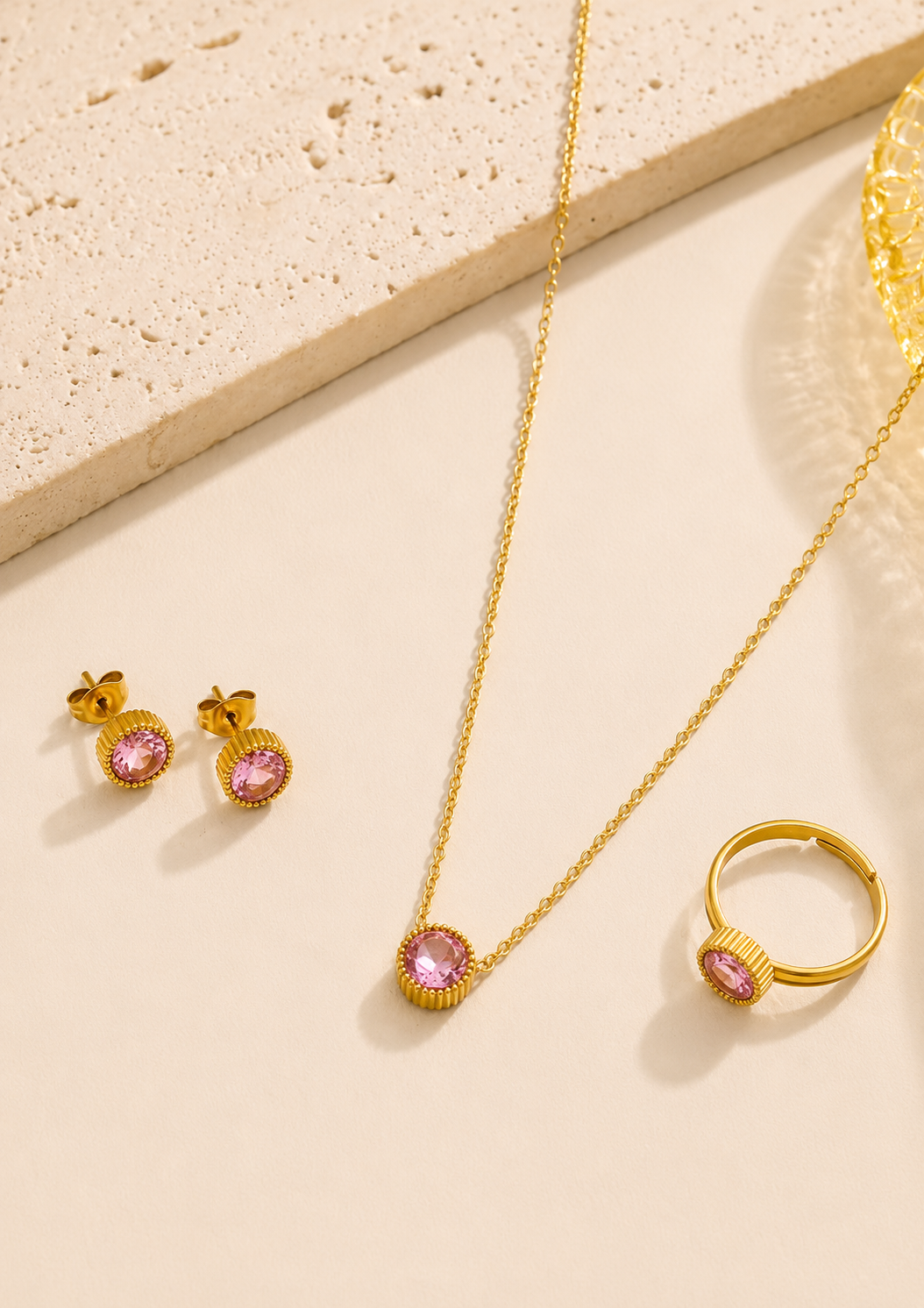 Elegant Gold-Toned Red Crystal Three-Piece Jewelry Set