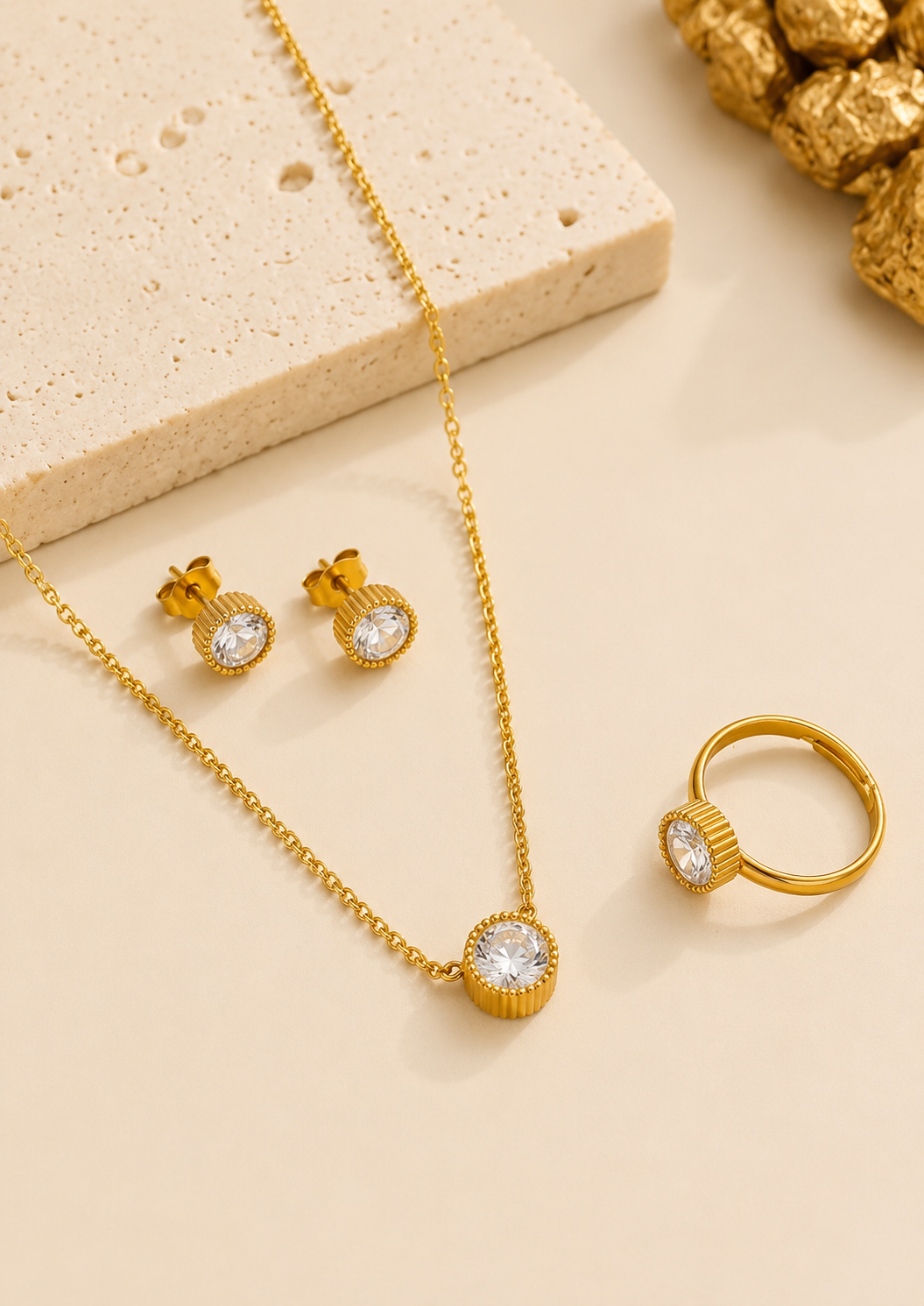 Elegant Gold-Toned Red Crystal Three-Piece Jewelry Set