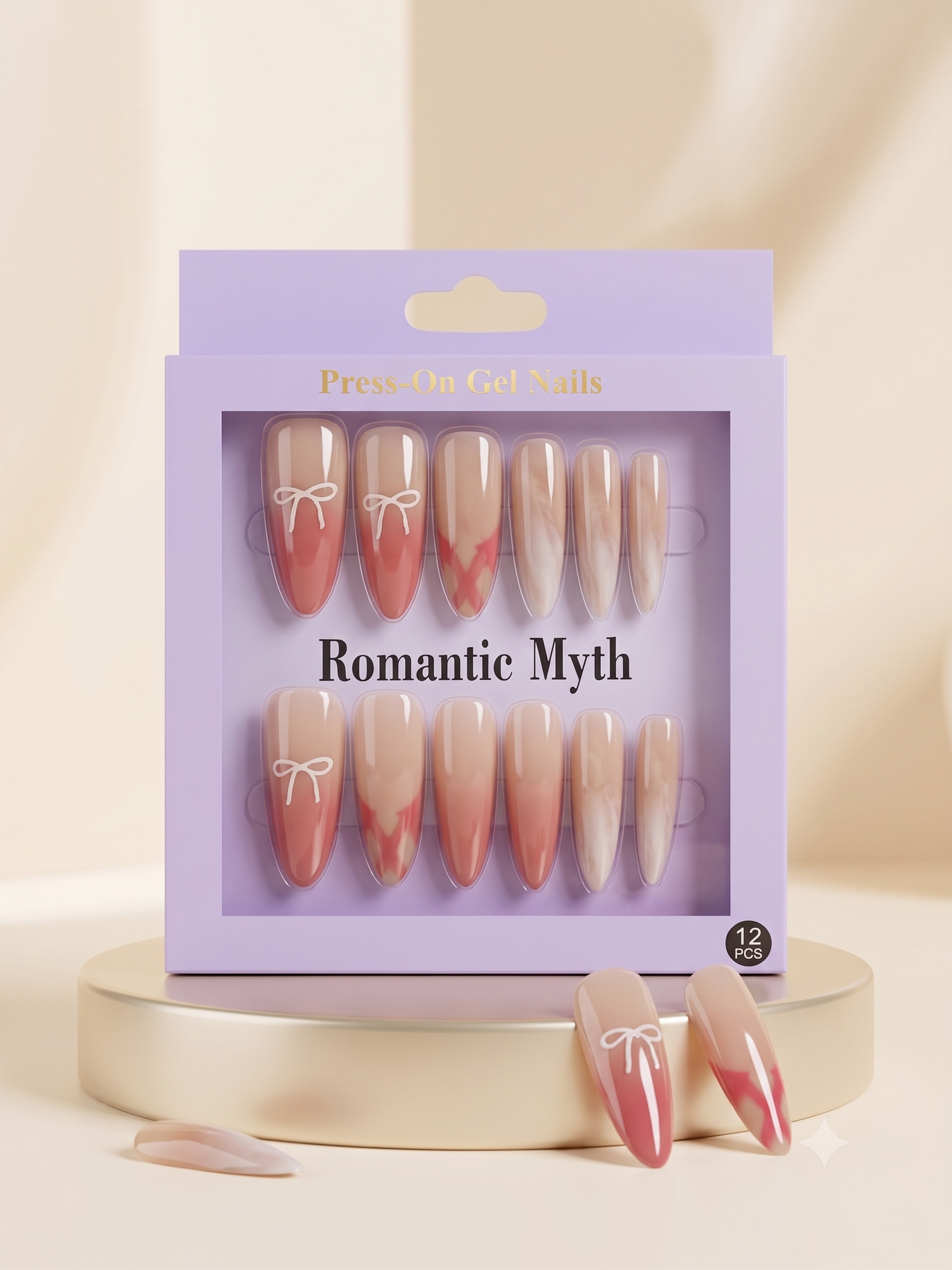 Romantic Myth Almond Nude & Black Polka Dot Press-On Nails