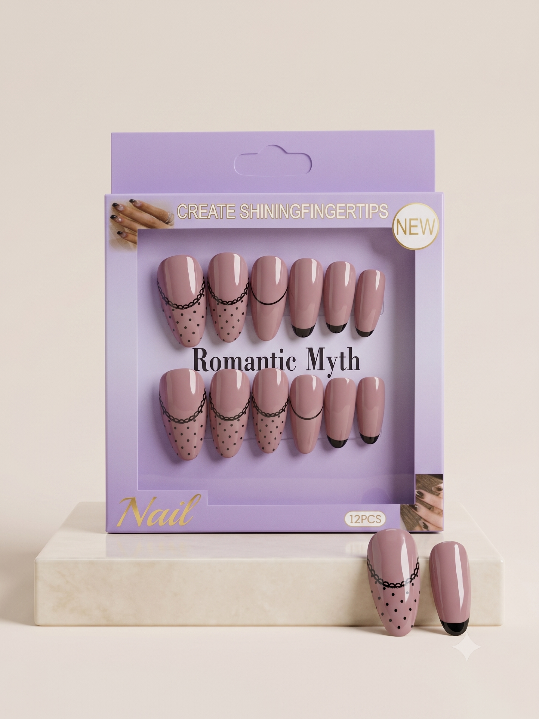 Romantic Myth Almond Nude & Black Polka Dot Press-On Nails