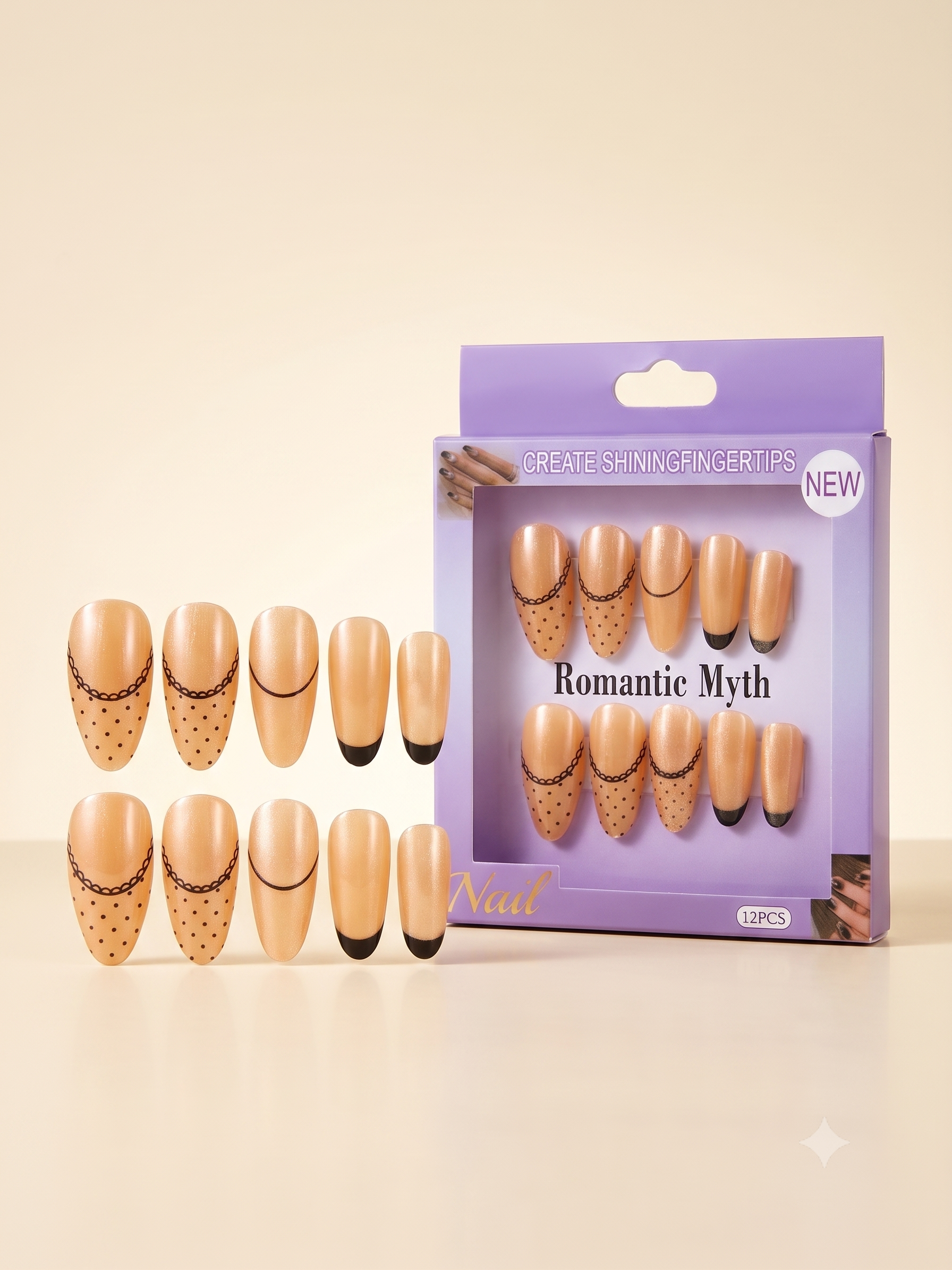Romantic Myth Almond Nude & Black Polka Dot Press-On Nails