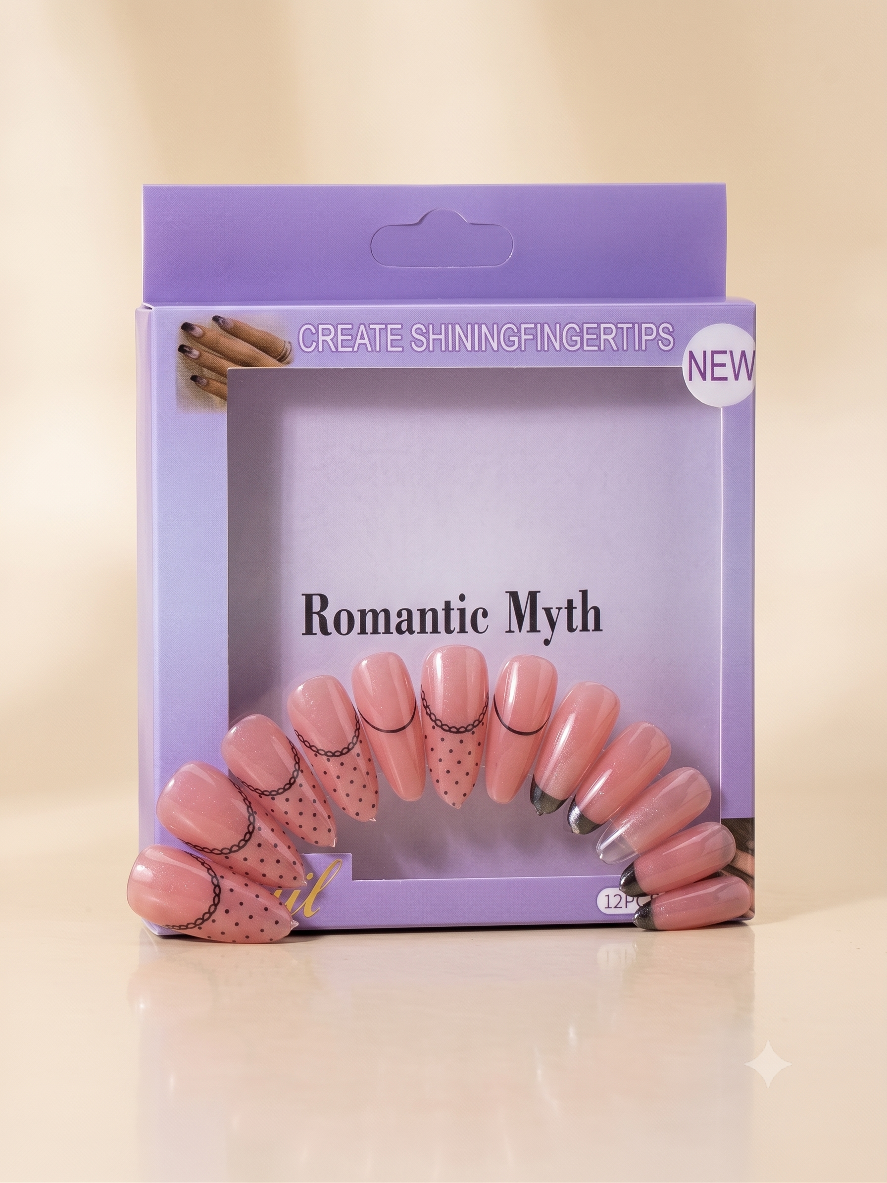 Romantic Myth Almond Nude & Black Polka Dot Press-On Nails