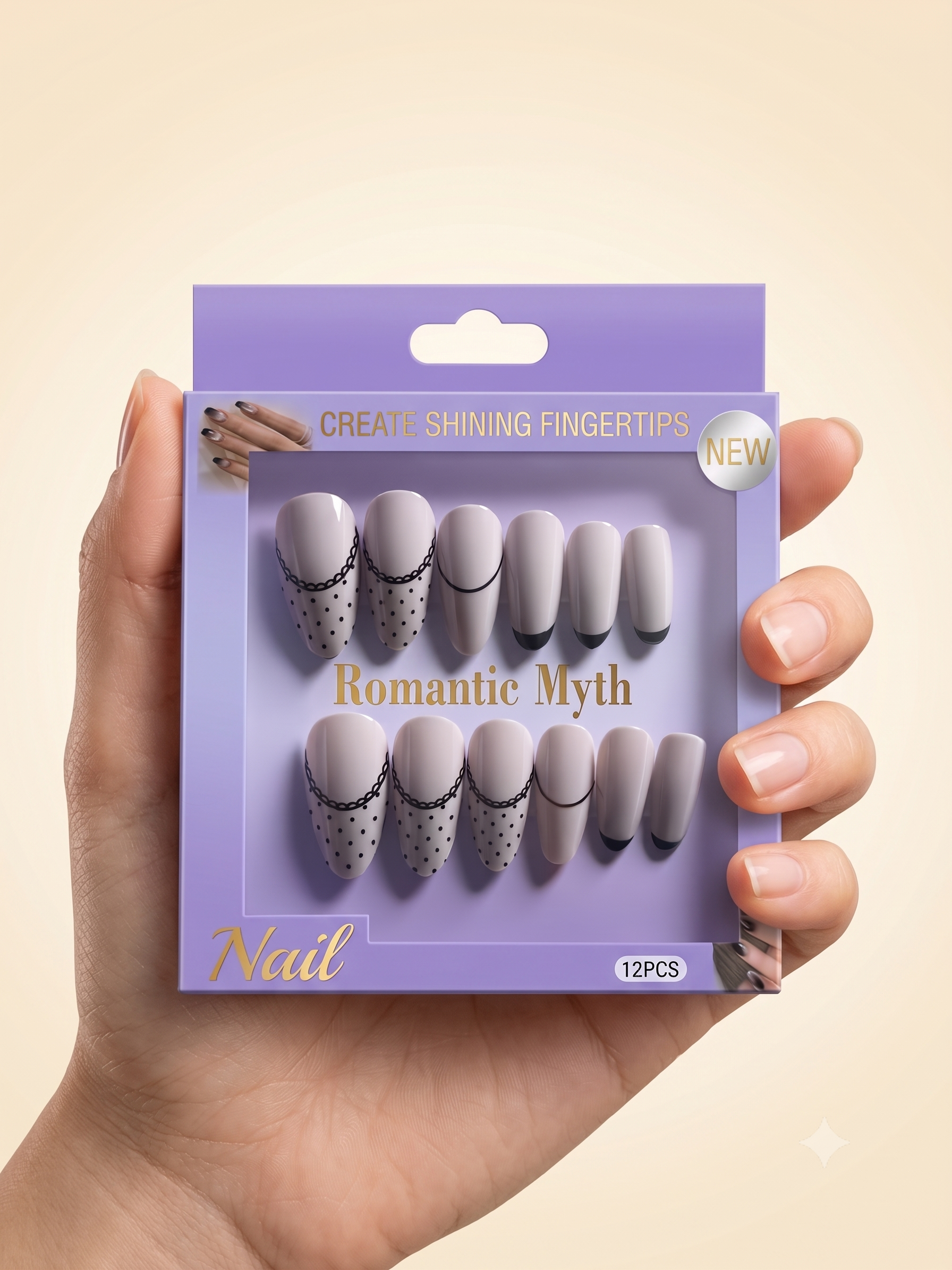 Romantic Myth Almond Nude & Black Polka Dot Press-On Nails
