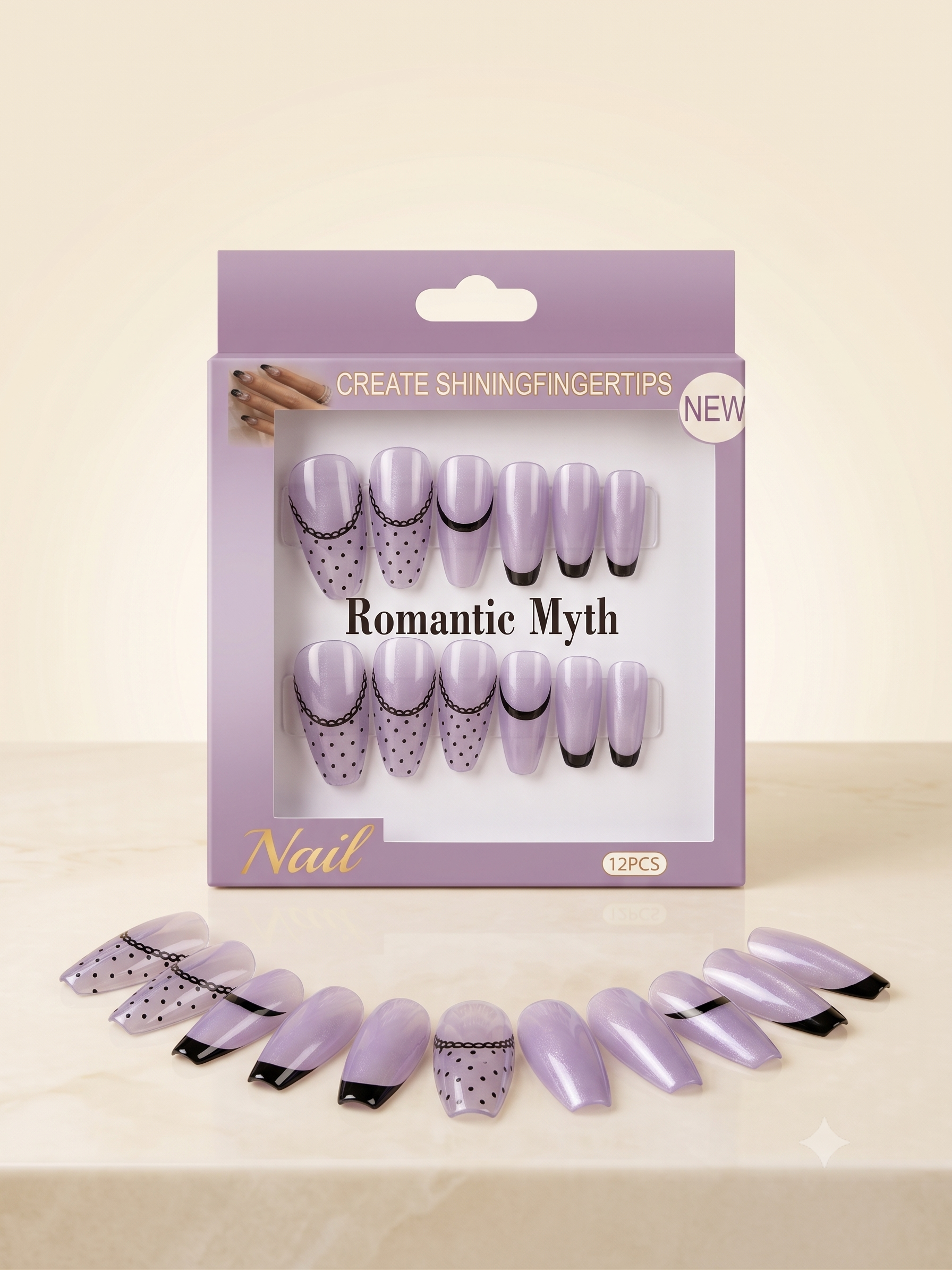 Romantic Myth Almond Nude & Black Polka Dot Press-On Nails