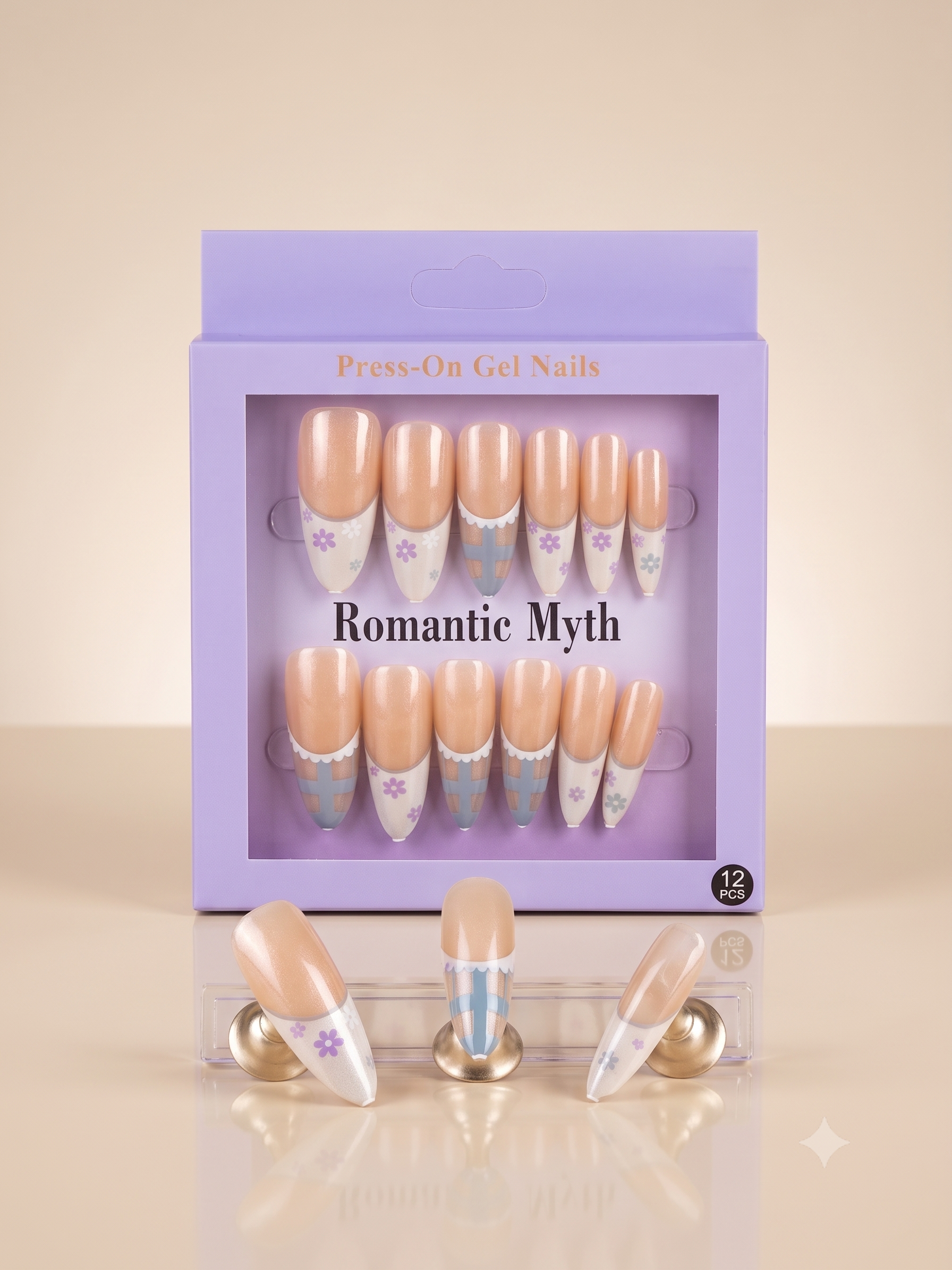 Romantic Myth Almond Nude & Black Polka Dot Press-On Nails