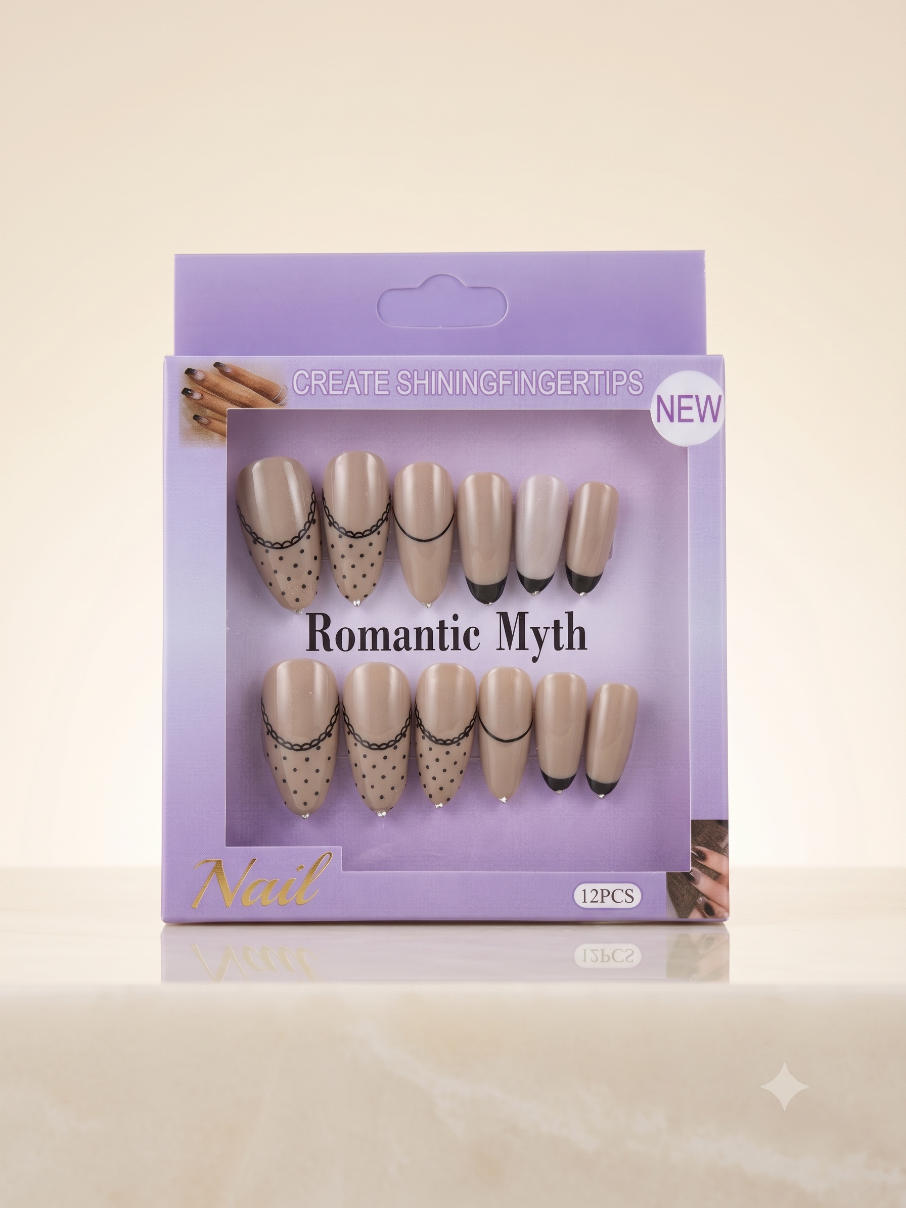 Romantic Myth Almond Nude & Black Polka Dot Press-On Nails