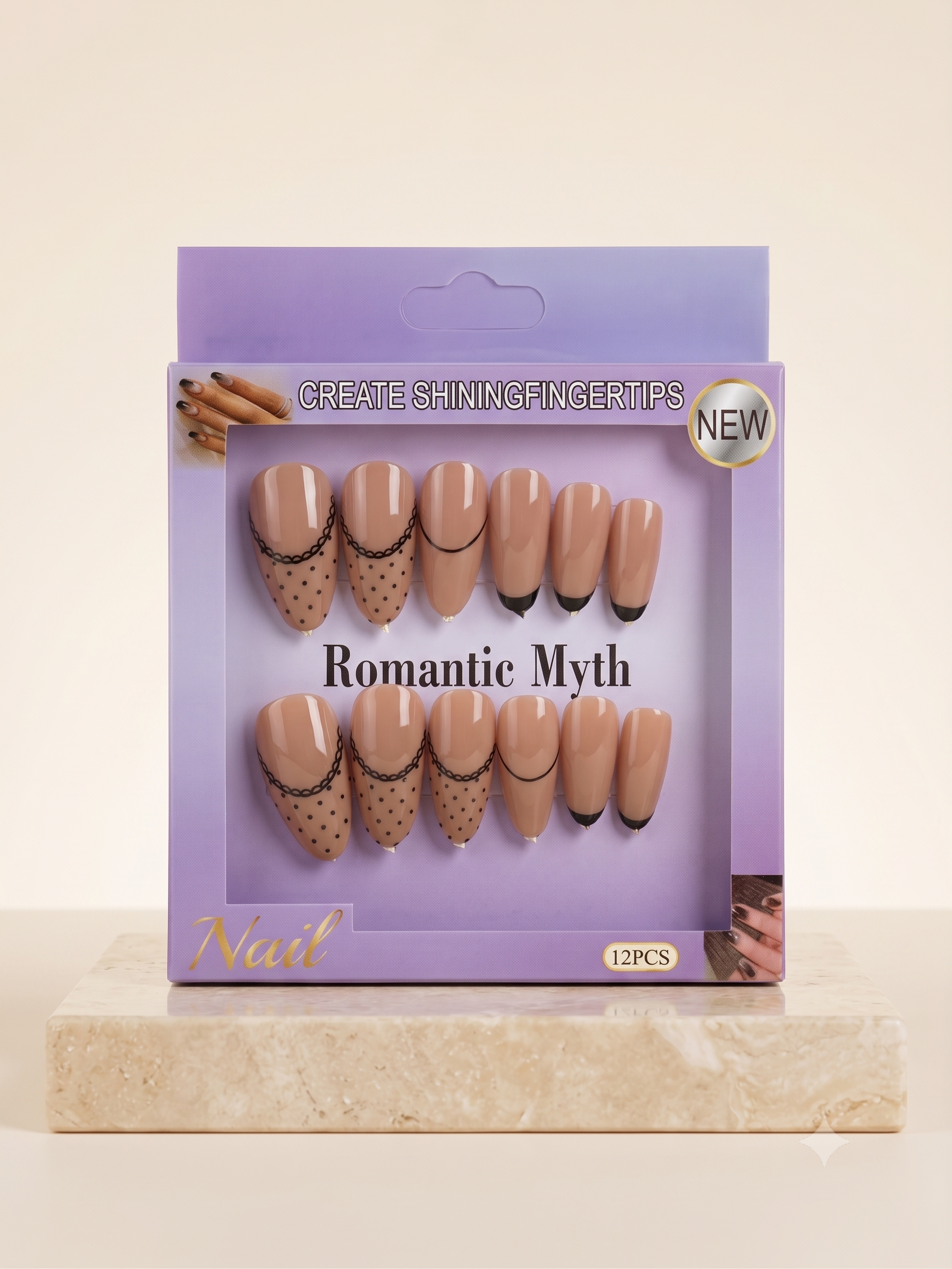 Romantic Myth Almond Nude & Black Polka Dot Press-On Nails