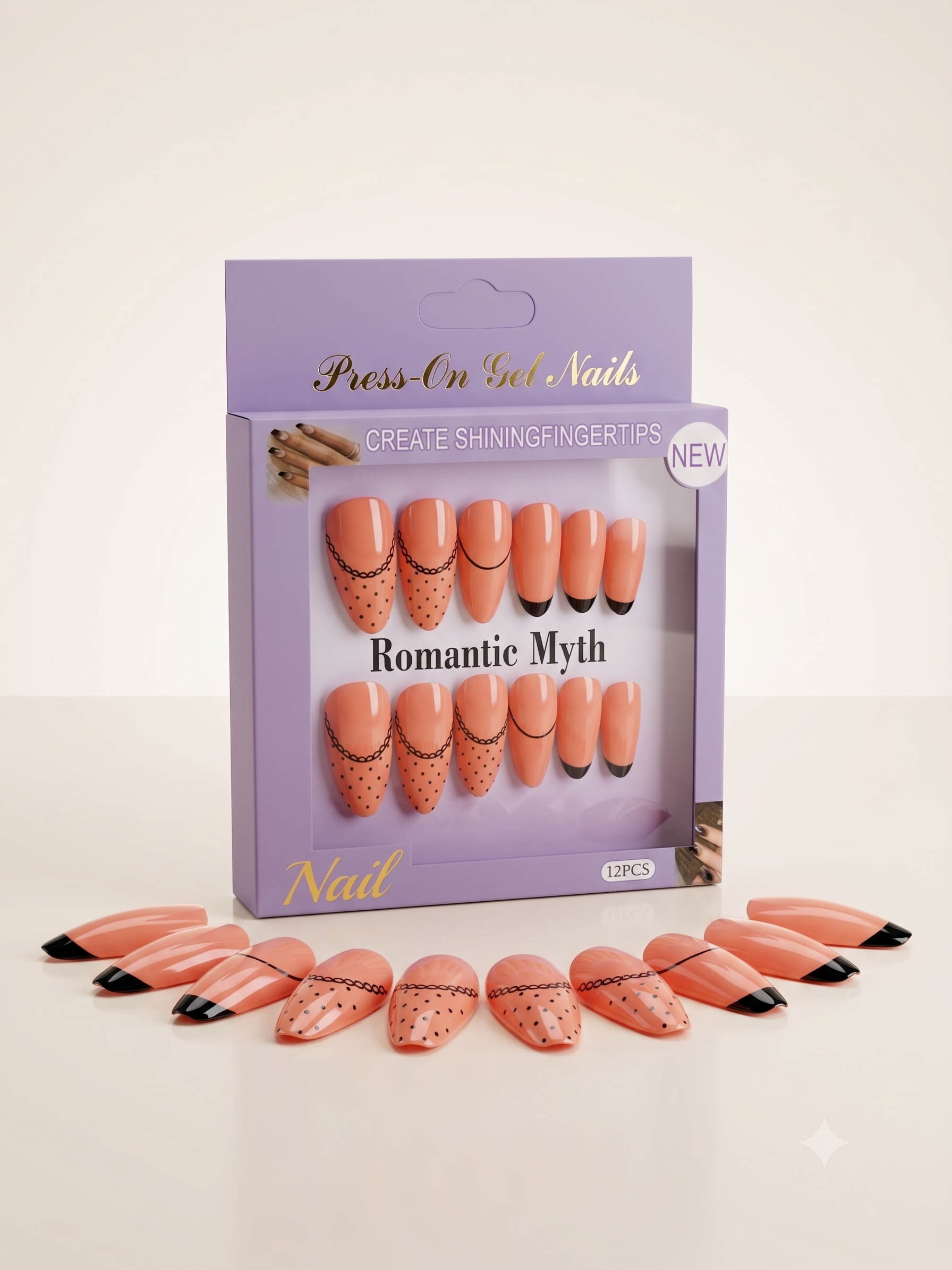 Romantic Myth Almond Nude & Black Polka Dot Press-On Nails