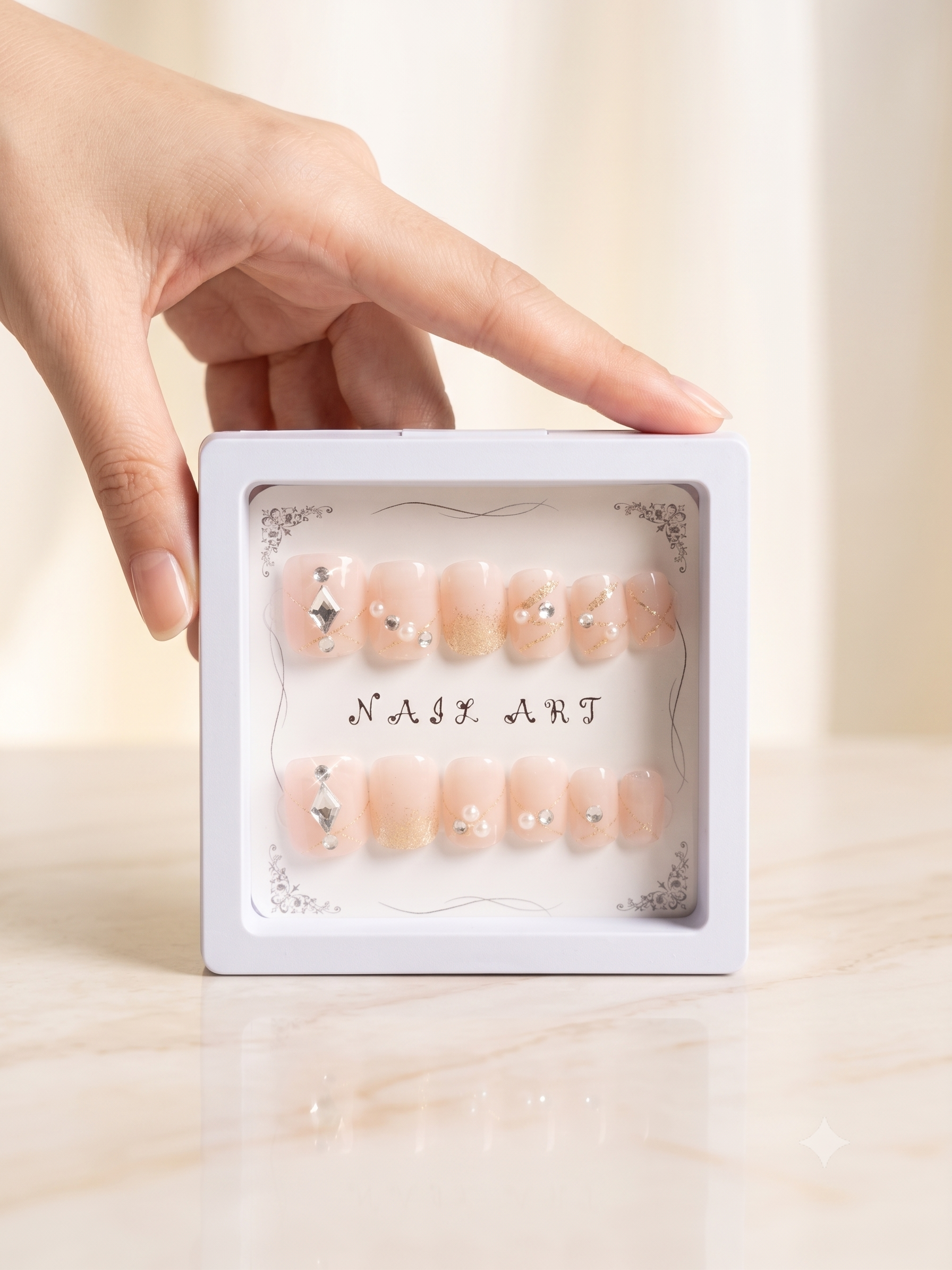 Luxury Peach & Silver Wave Press-On Nails | 3D Square Nail Art