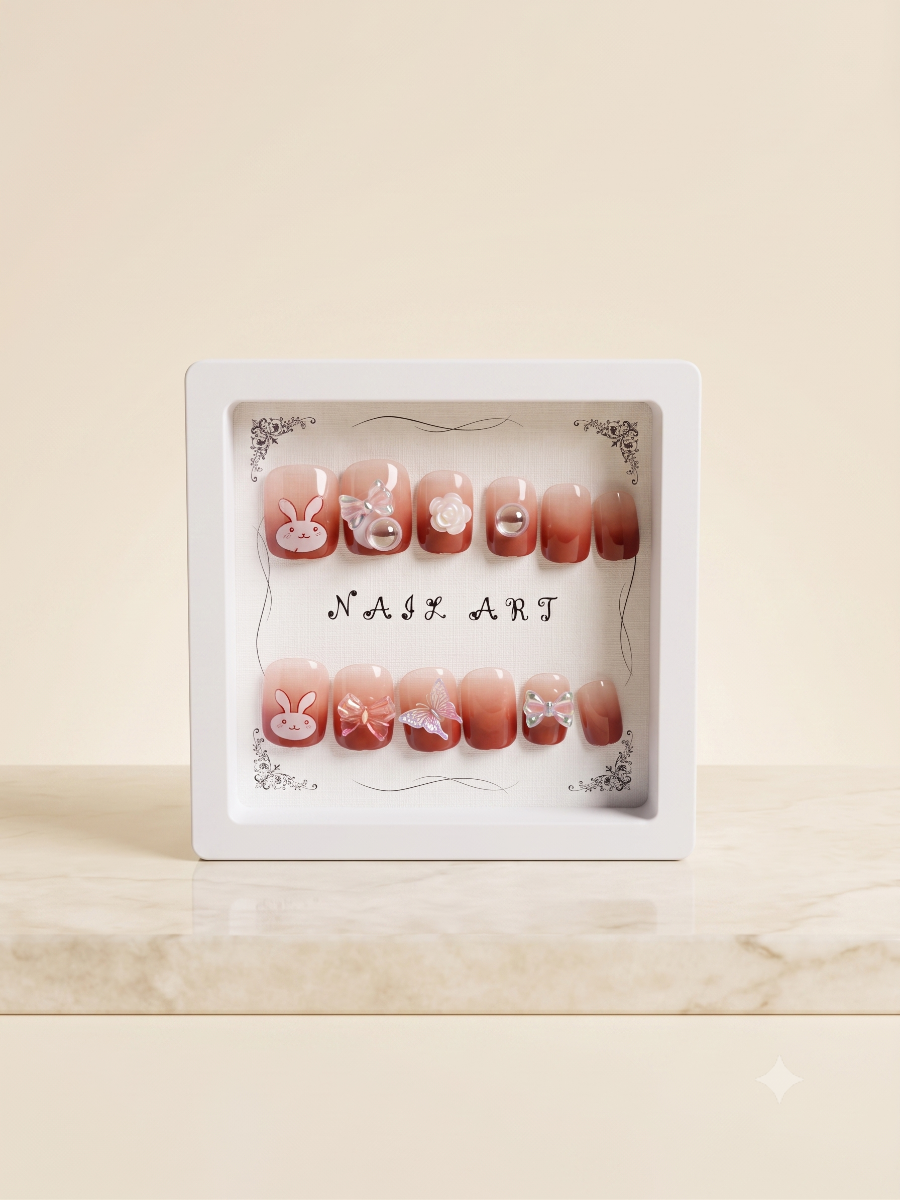 Luxury Peach & Silver Wave Press-On Nails | 3D Square Nail Art