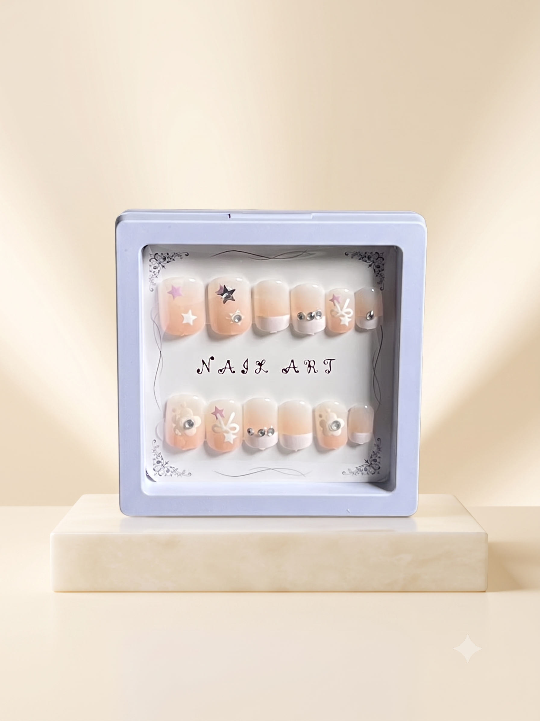 Luxury Peach & Silver Wave Press-On Nails | 3D Square Nail Art