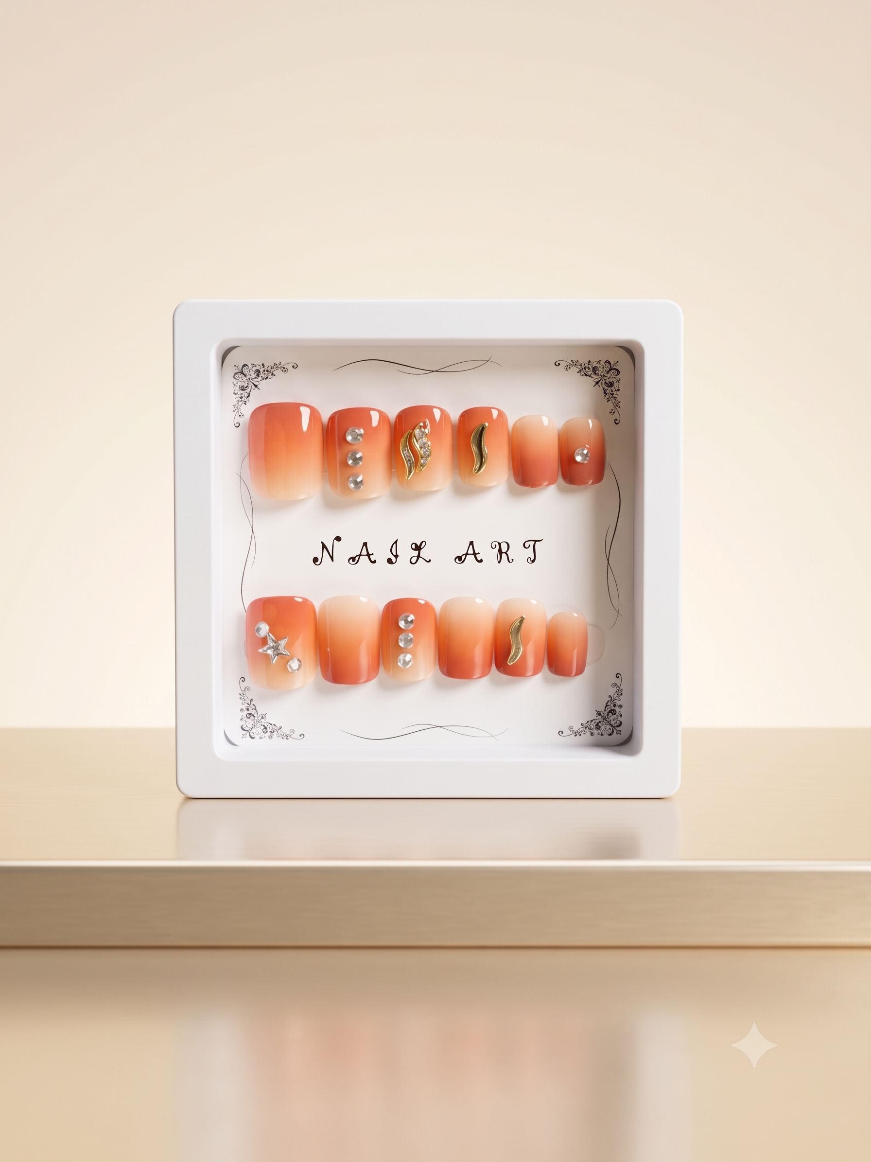 Luxury Peach & Silver Wave Press-On Nails | 3D Square Nail Art