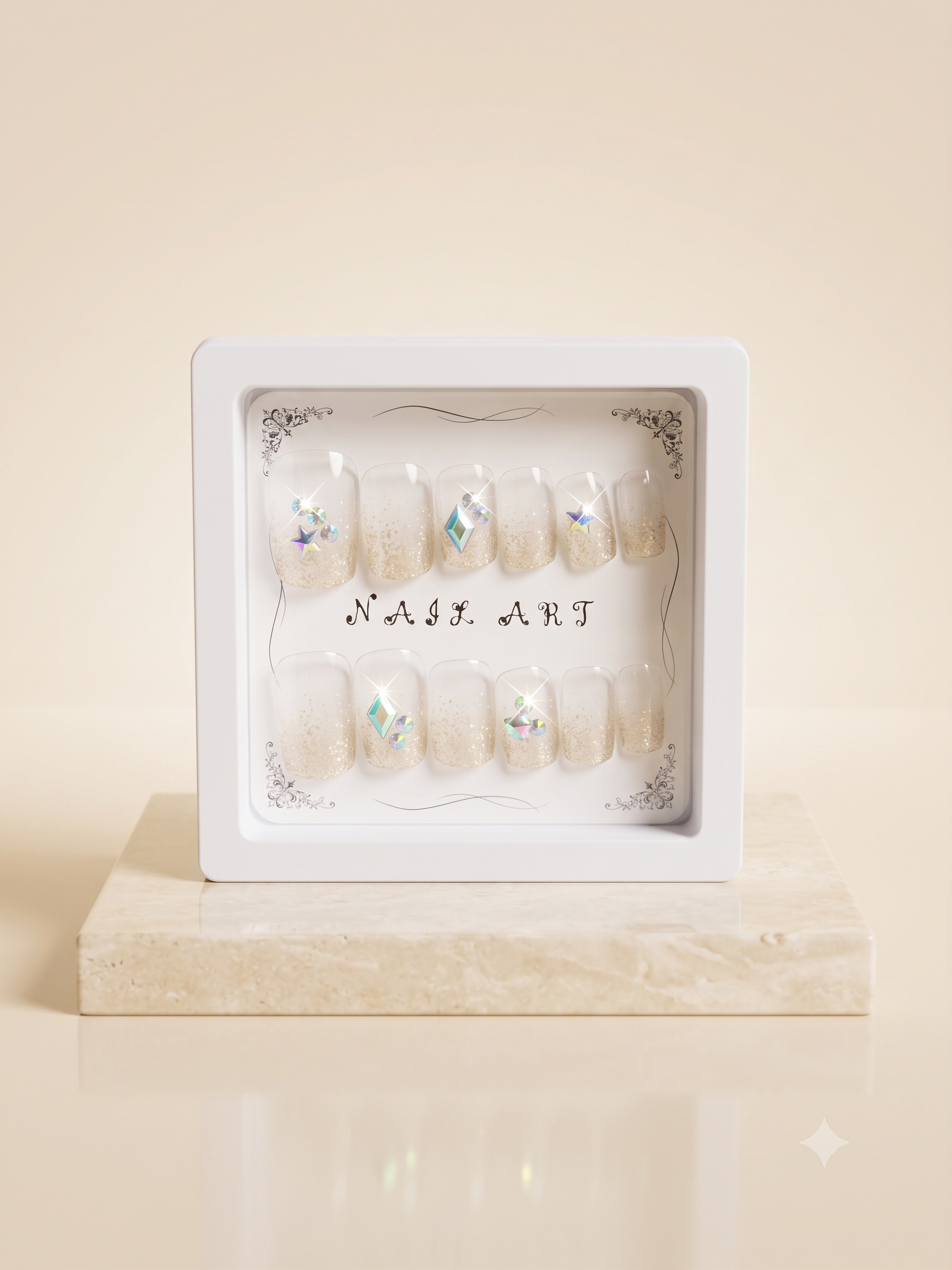Luxury Peach & Silver Wave Press-On Nails | 3D Square Nail Art