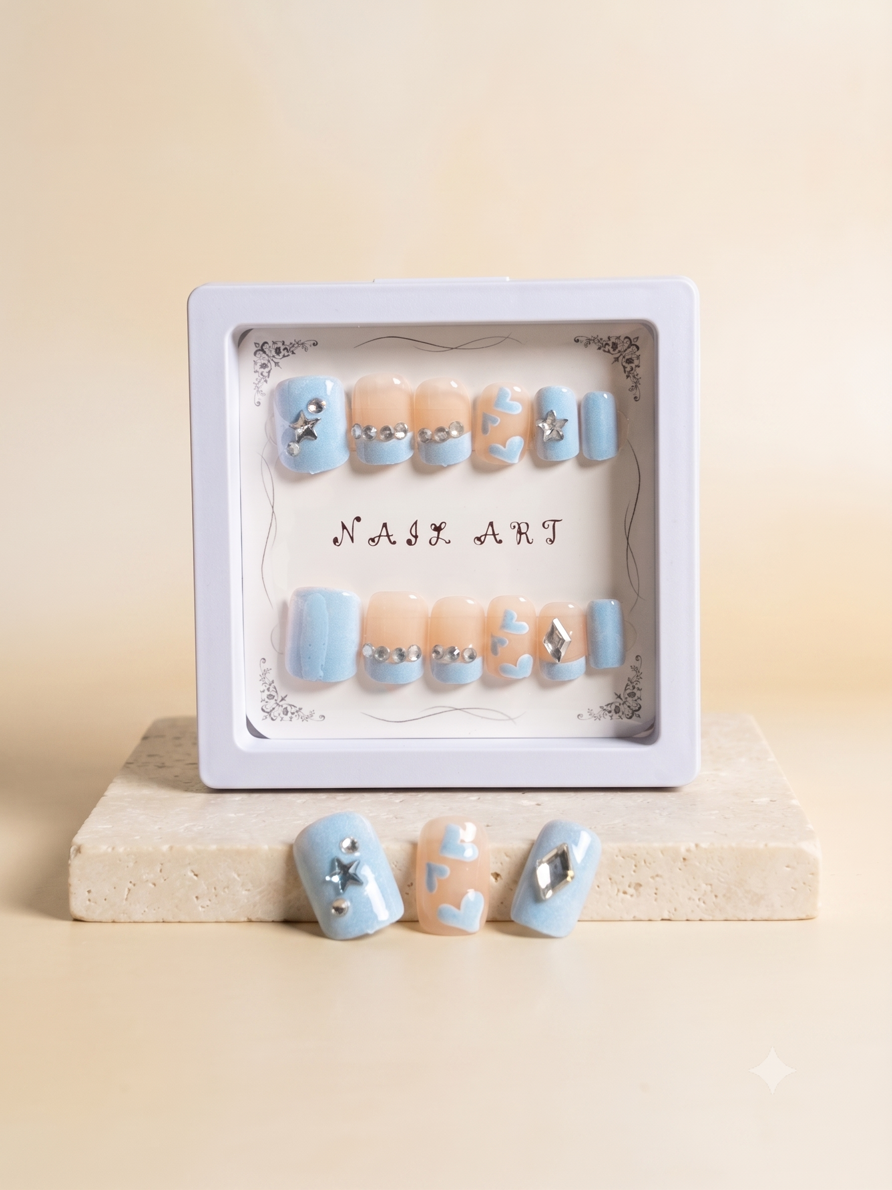 Luxury Peach & Silver Wave Press-On Nails | 3D Square Nail Art