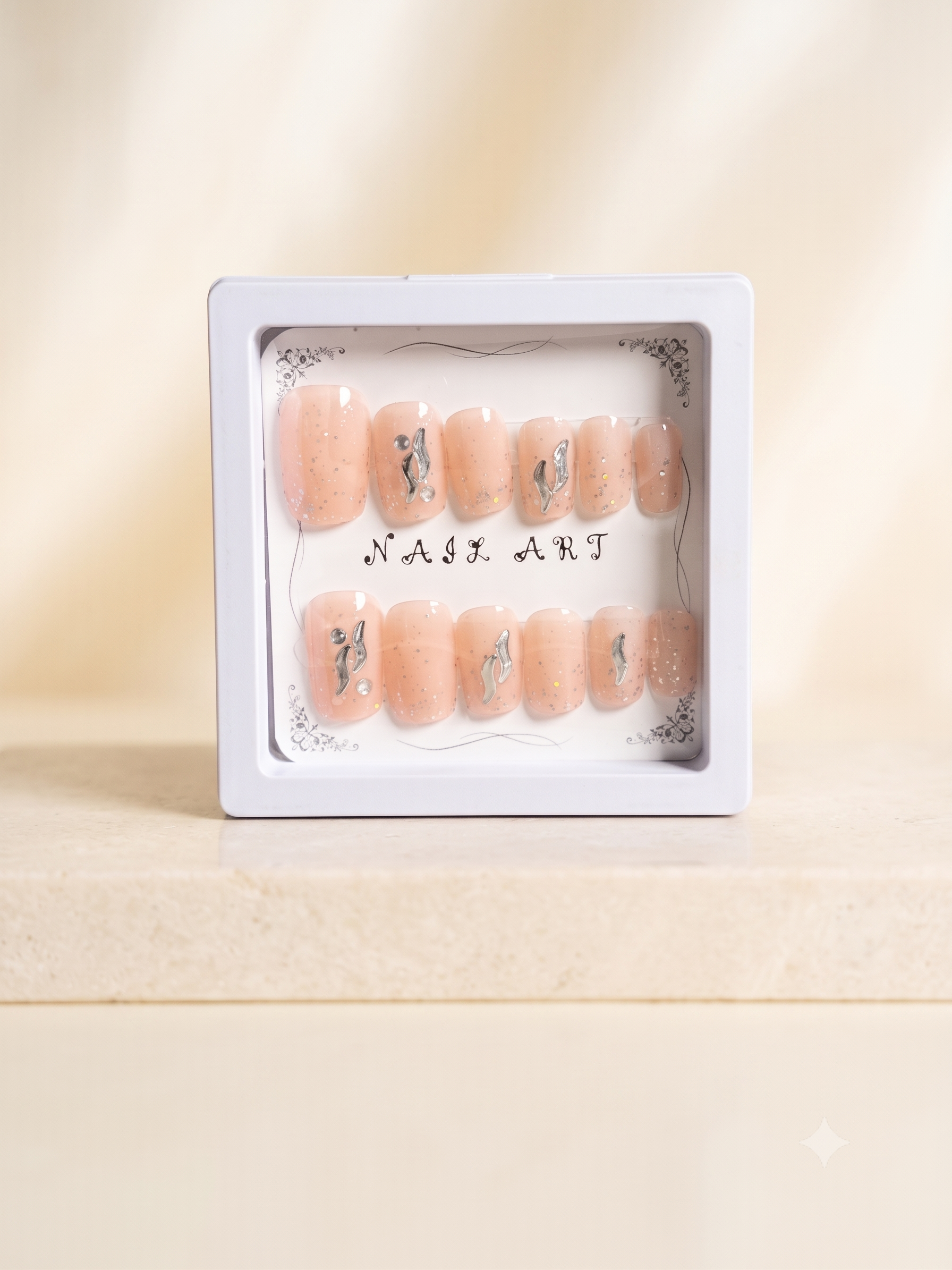 Luxury Peach & Silver Wave Press-On Nails | 3D Square Nail Art