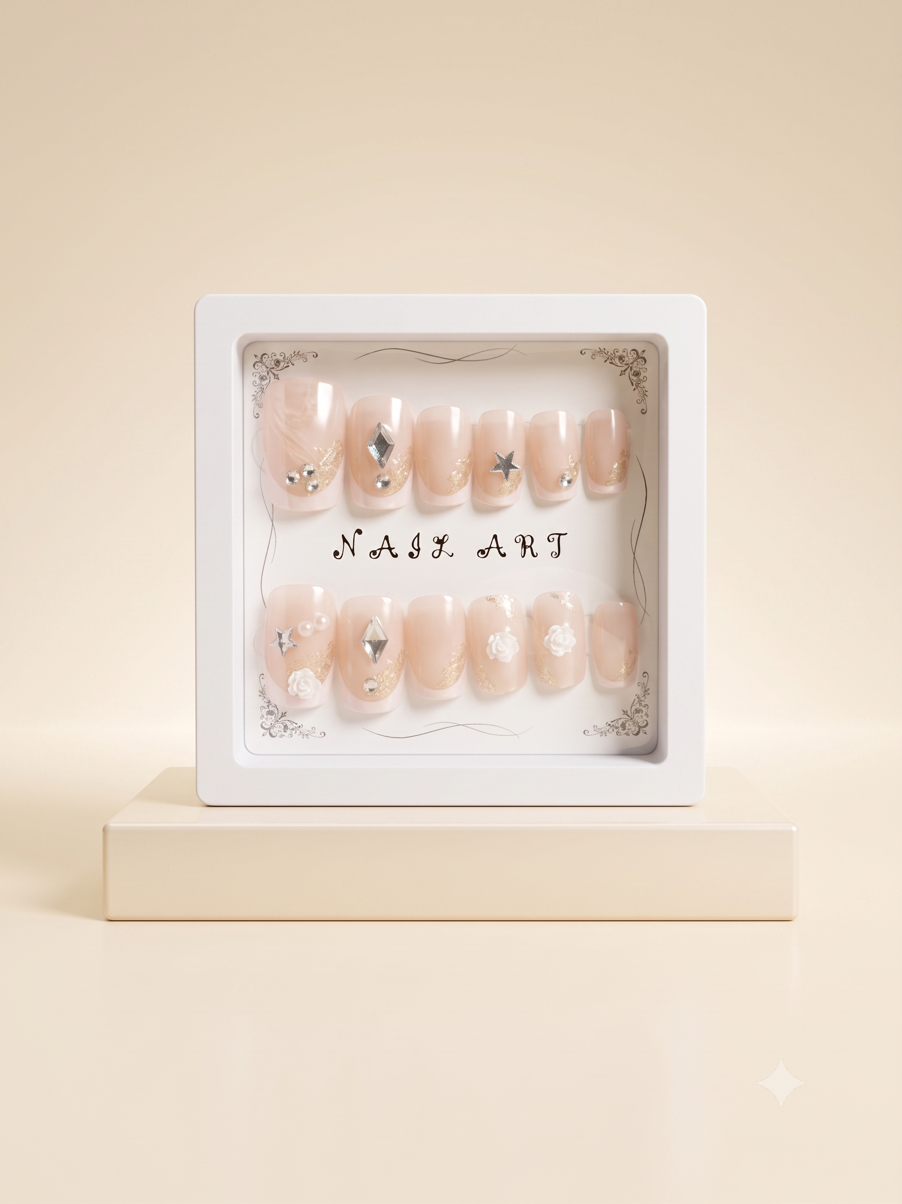 Luxury Peach & Silver Wave Press-On Nails | 3D Square Nail Art