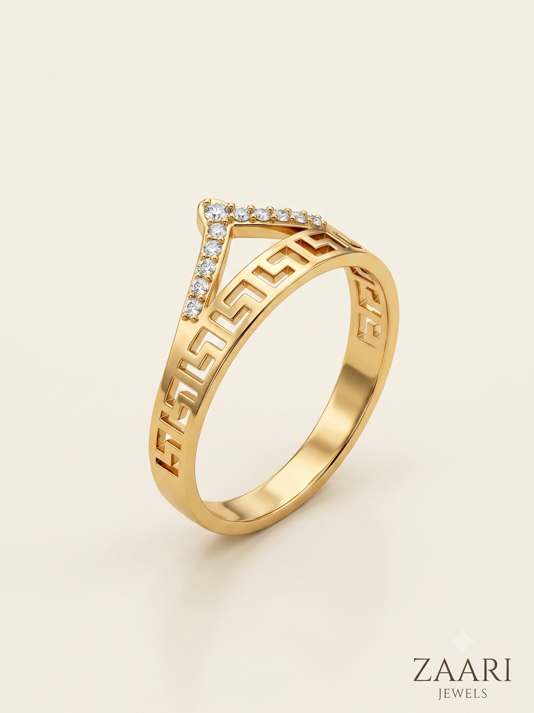 Gold-Toned Geometric Chevron Ring with Sparkling Stones