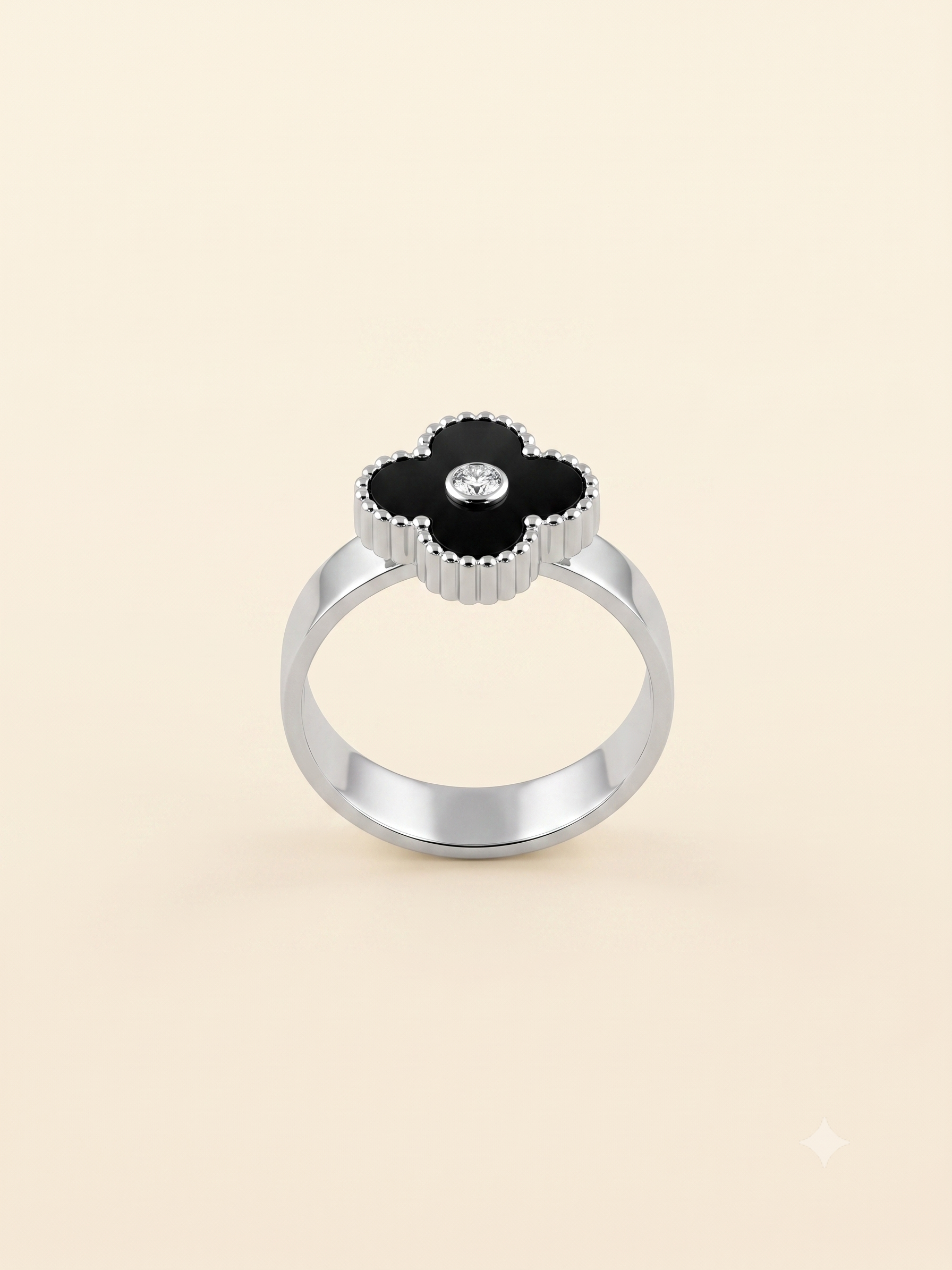 Elegant Silver-Toned Ring with Black Clover Motif and Beaded Edge