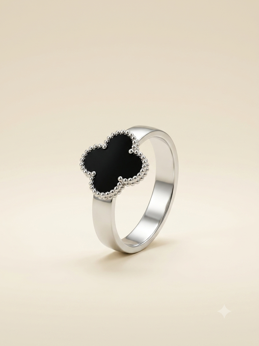 Elegant Black Clover Motif Silver-Toned Ring for Women