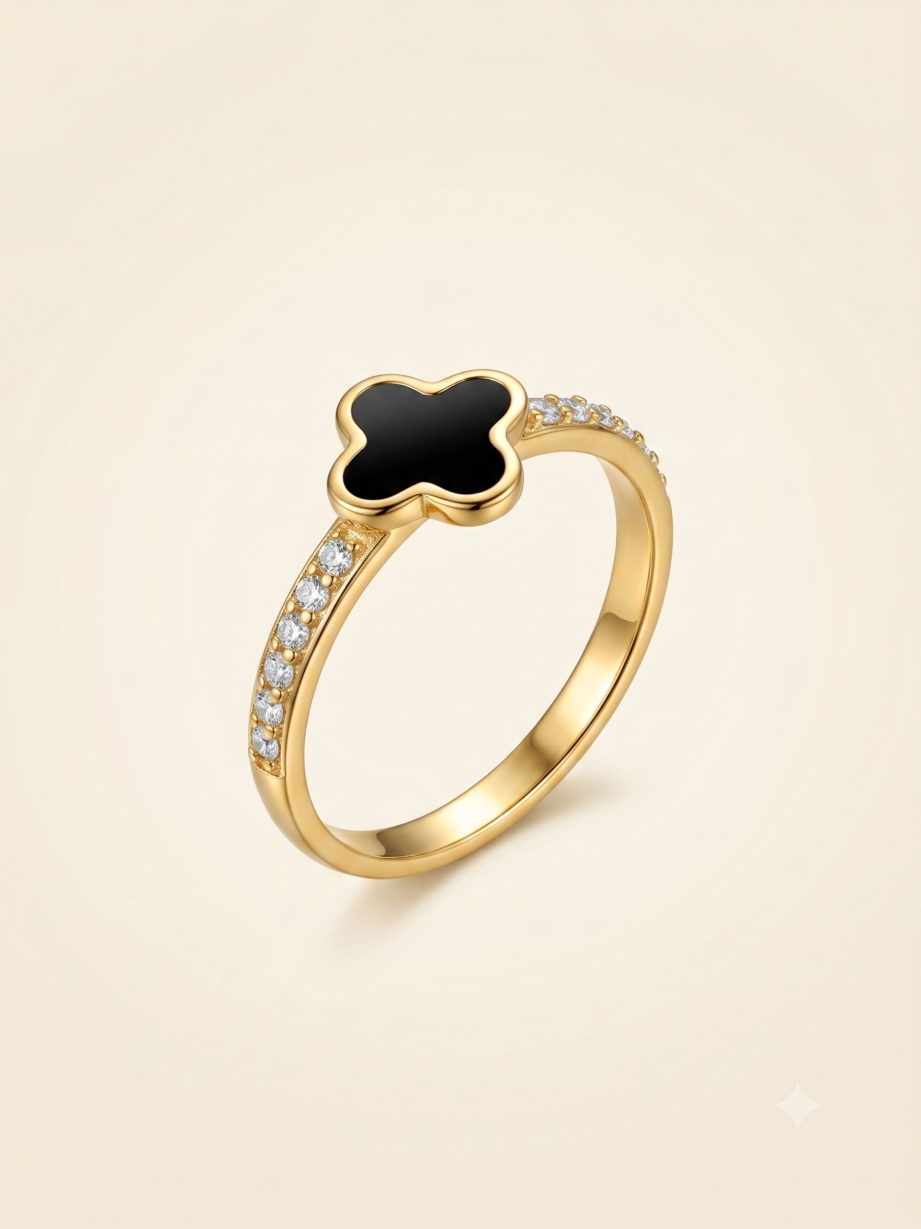 Dainty Gold-Toned Clover Ring with Black Inlay and Sparkling Stones