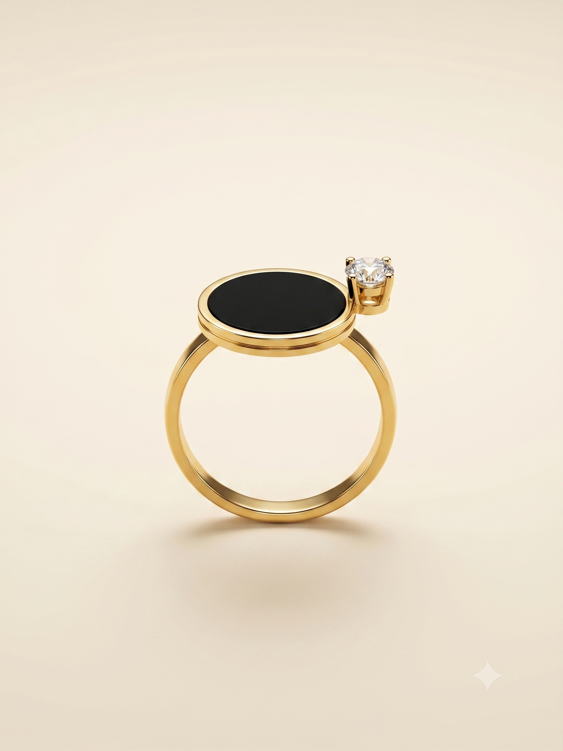 Modern Asymmetrical Black Disc & Sparkling Stone Gold-Toned Ring